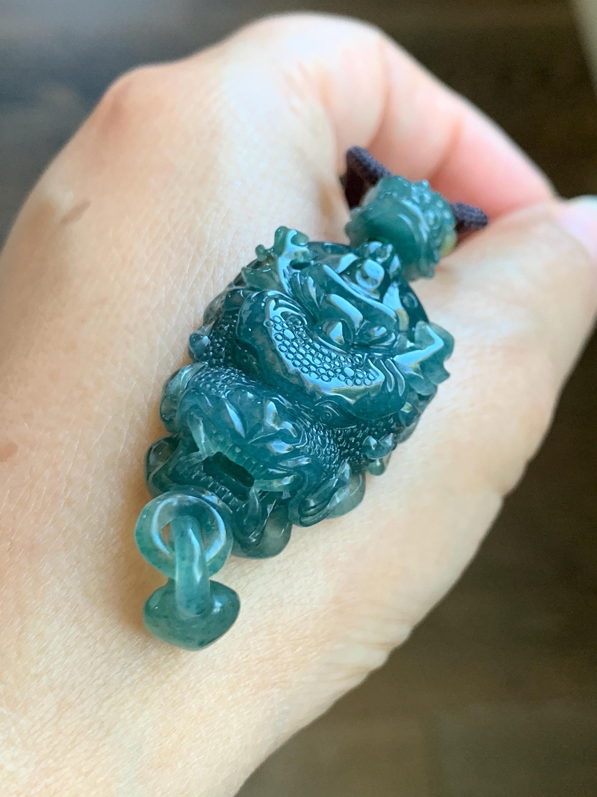 Certified Natural Guatemalan Icy Translucent Dark Teal Blue Jade Jadeite Dragon Wu Dao Pendant Rope Necklace 27" 22g 天然冰危深蓝翡翠精工龙头吾道吊坠 9467