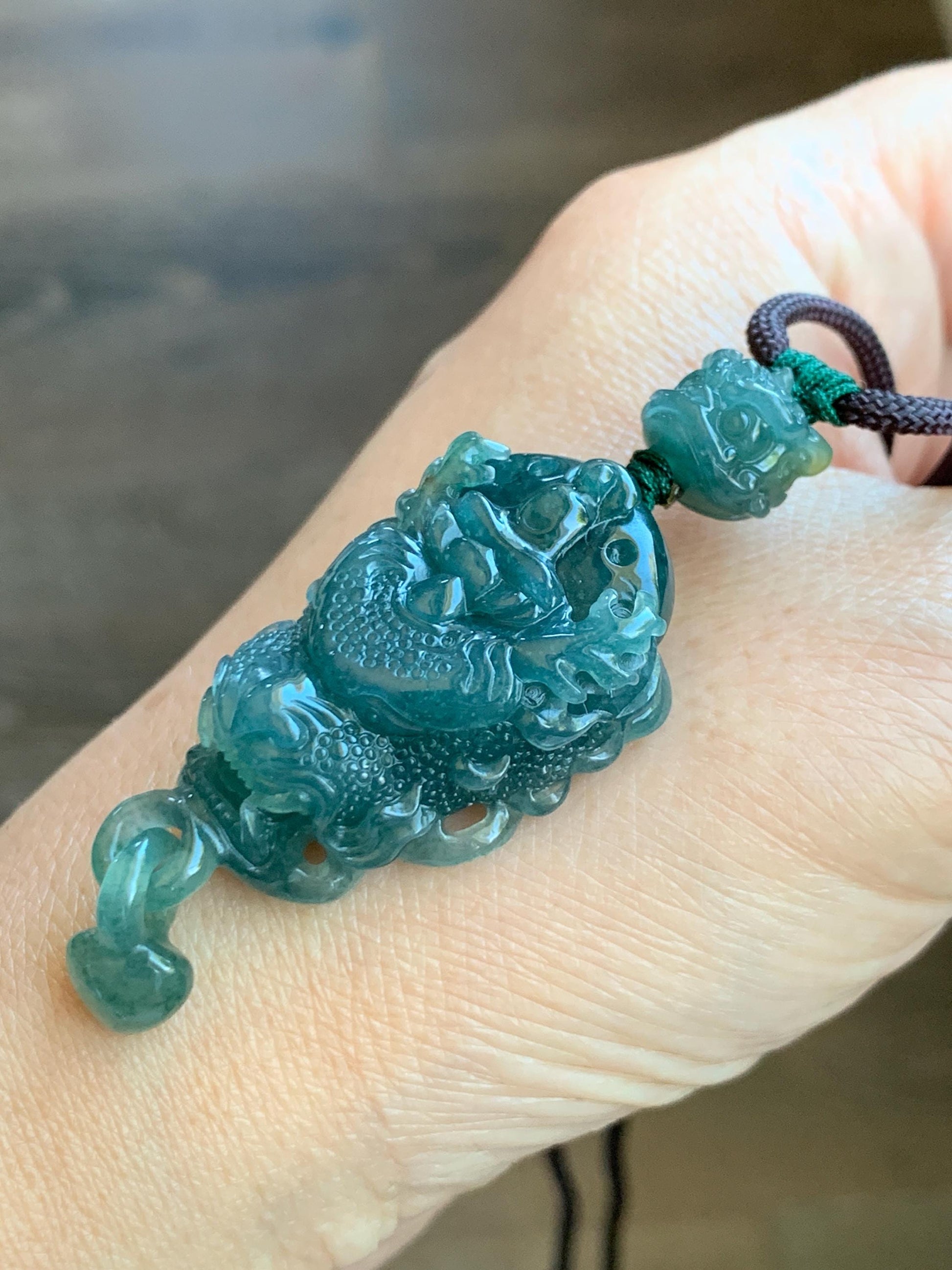 Certified Natural Guatemalan Icy Translucent Dark Teal Blue Jade Jadeite Dragon Wu Dao Pendant Rope Necklace 27" 22g 天然冰危深蓝翡翠精工龙头吾道吊坠 9467