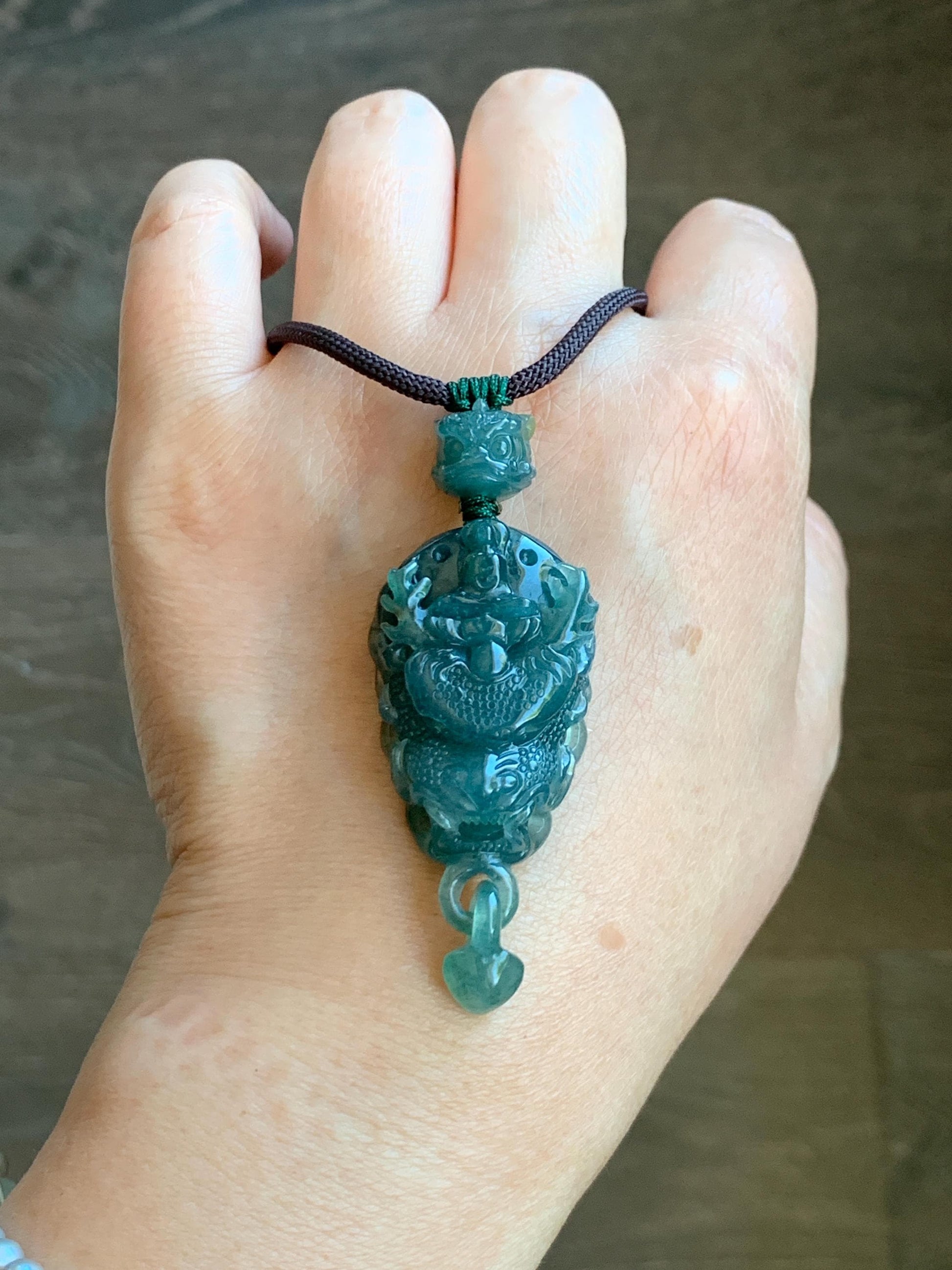Certified Natural Guatemalan Icy Translucent Dark Teal Blue Jade Jadeite Dragon Wu Dao Pendant Rope Necklace 27" 22g 天然冰危深蓝翡翠精工龙头吾道吊坠 9467