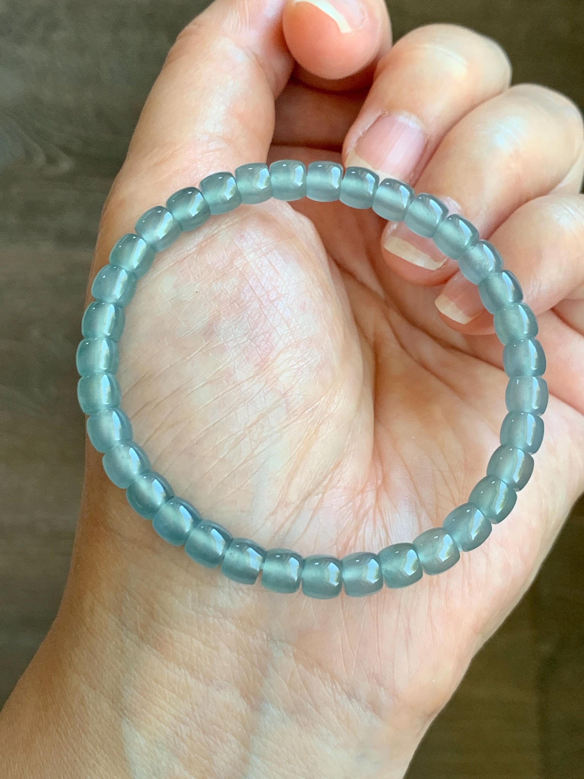 Natural Grade A Guatemalan Icy Highly Translucent Gelatinous Light Blue Jade Jadeite Barrel Beads Beaded Bracelet 7” 天然冰胶危浅蓝翡翠桶珠手串 BWT330C