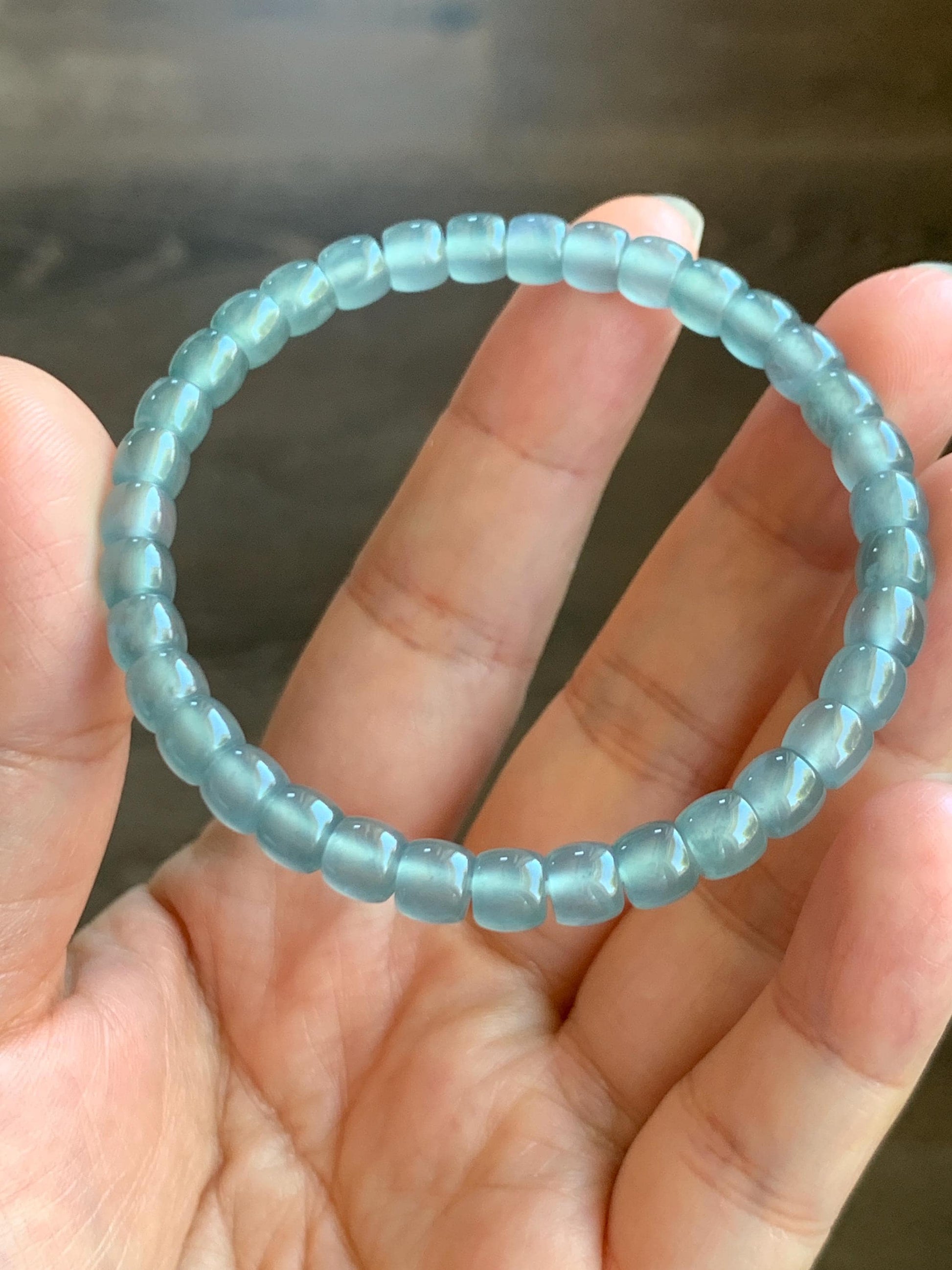 Natural Grade A Guatemalan Icy Highly Translucent Gelatinous Light Blue Jade Jadeite Barrel Beads Beaded Bracelet 7” 天然冰胶危浅蓝翡翠桶珠手串 BWT330C