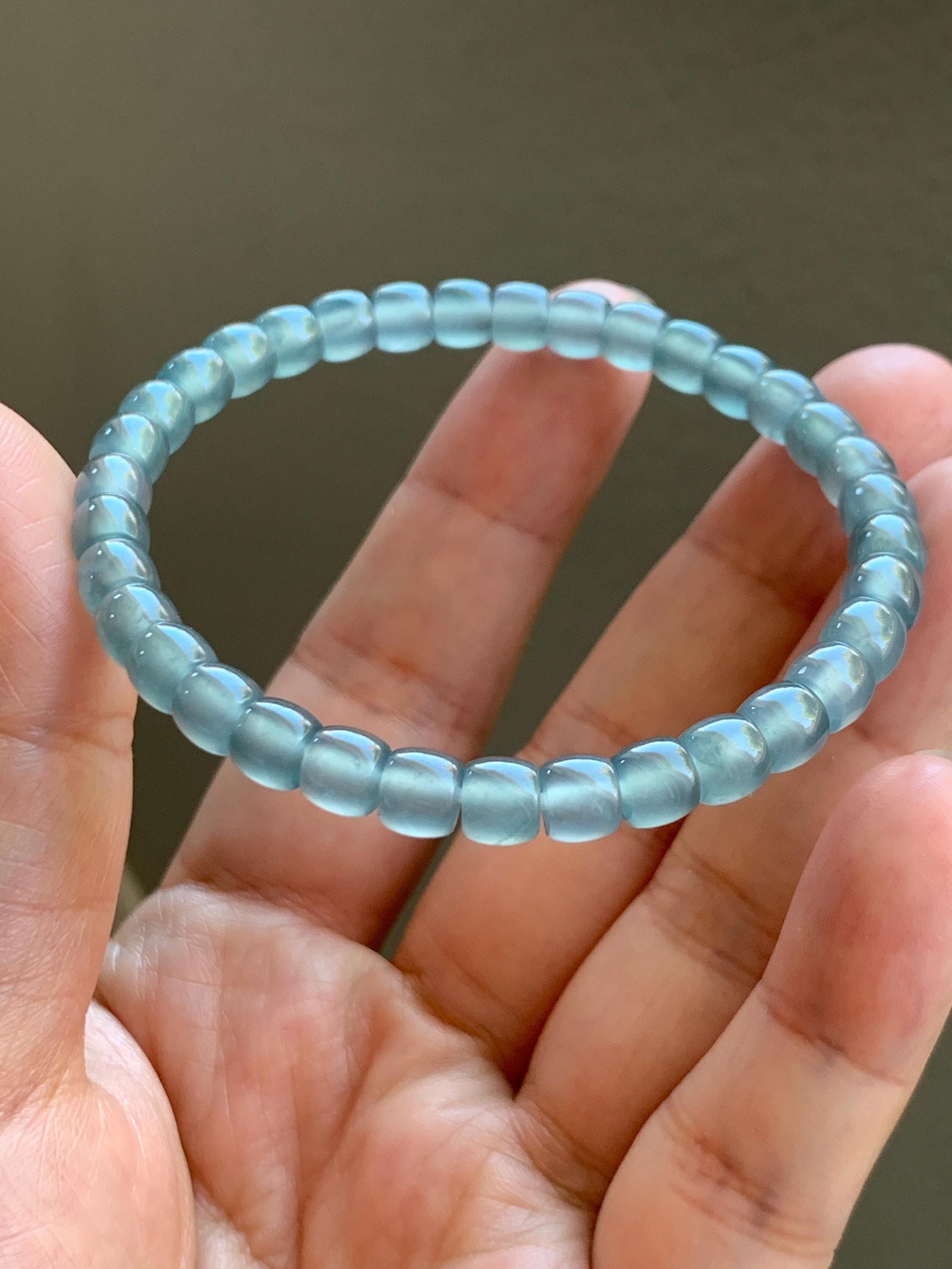 Natural Grade A Guatemalan Icy Highly Translucent Gelatinous Light Blue Jade Jadeite Barrel Beads Beaded Bracelet 7” 天然冰胶危浅蓝翡翠桶珠手串 BWT330C