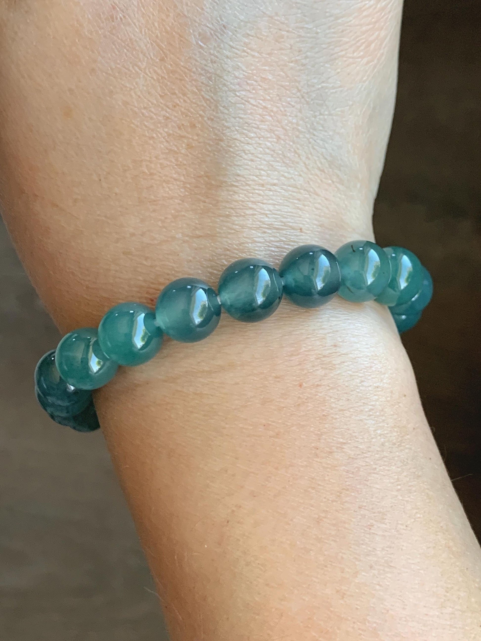 Natural Grade A Guatemalan Icy Highly Translucent Gelatinous Teal Green Jade Jadeite Beaded Bracelet 10mm 8” 36g 天然冰危蓝绿翡翠圆珠手串 WXL330