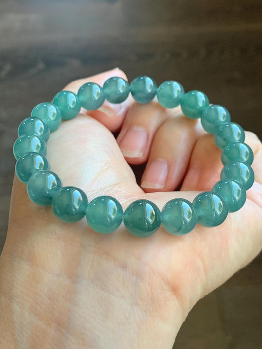Natural Grade A Guatemalan Icy Highly Translucent Gelatinous Teal Green Jade Jadeite Beaded Bracelet 10mm 8” 36g 天然冰危蓝绿翡翠圆珠手串 WXL330