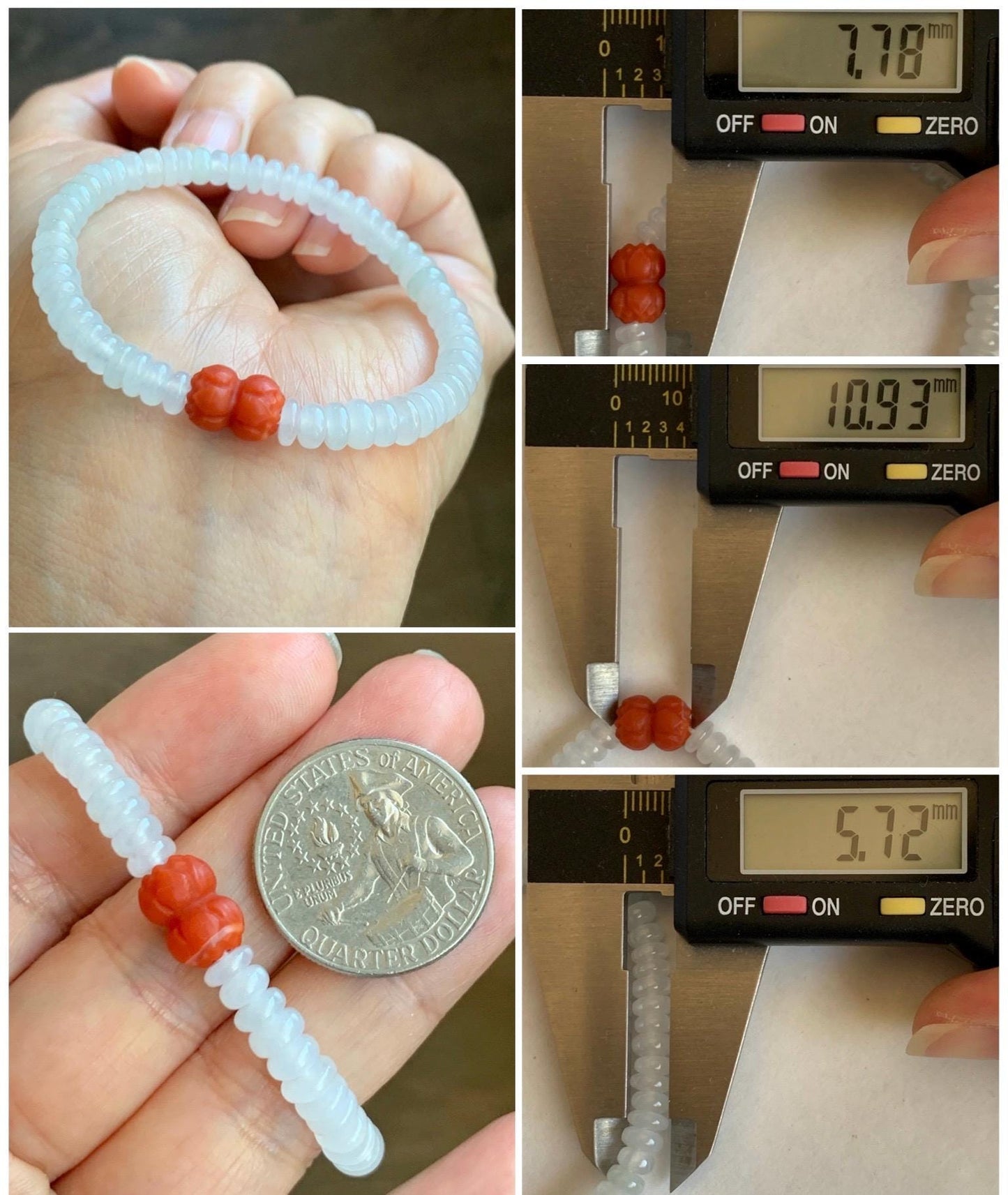 Natural Grade A Icy Highly Translucent White Jade Jadeite Drum Beads Red Agate Lotus Bead Beaded Bracelet 5.75” 10g 天然冰胶多宝翡翠大卡鼓珠手串 BGZ254