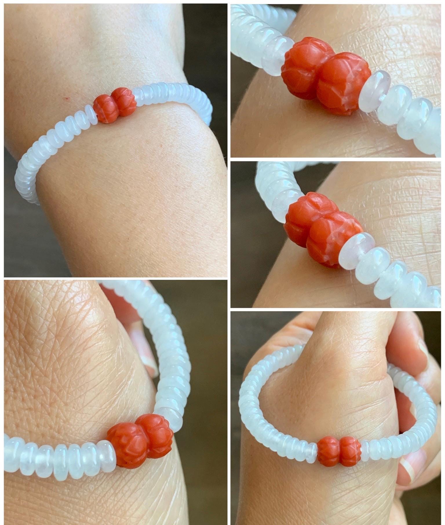 Natural Grade A Icy Highly Translucent White Jade Jadeite Drum Beads Red Agate Lotus Bead Beaded Bracelet 5.75” 10g 天然冰胶多宝翡翠大卡鼓珠手串 BGZ254