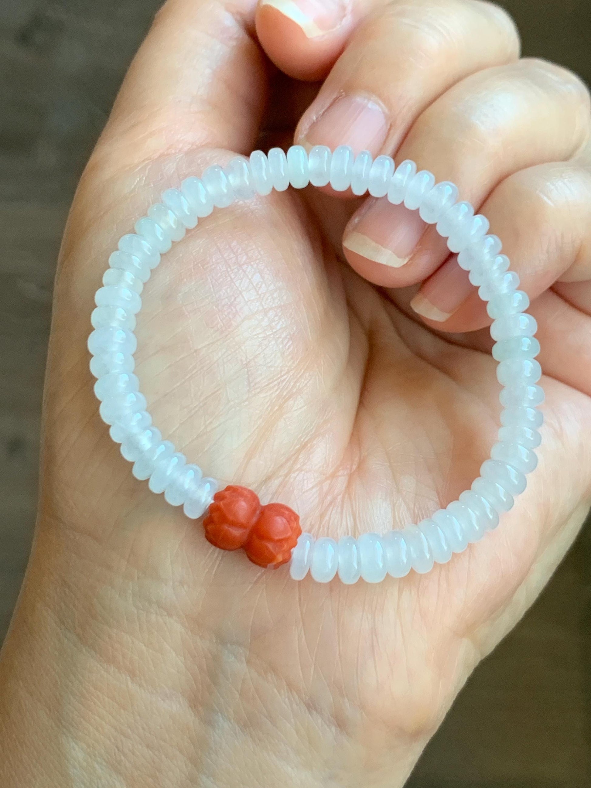 Natural Grade A Icy Highly Translucent White Jade Jadeite Drum Beads Red Agate Lotus Bead Beaded Bracelet 5.75” 10g 天然冰胶多宝翡翠大卡鼓珠手串 BGZ254