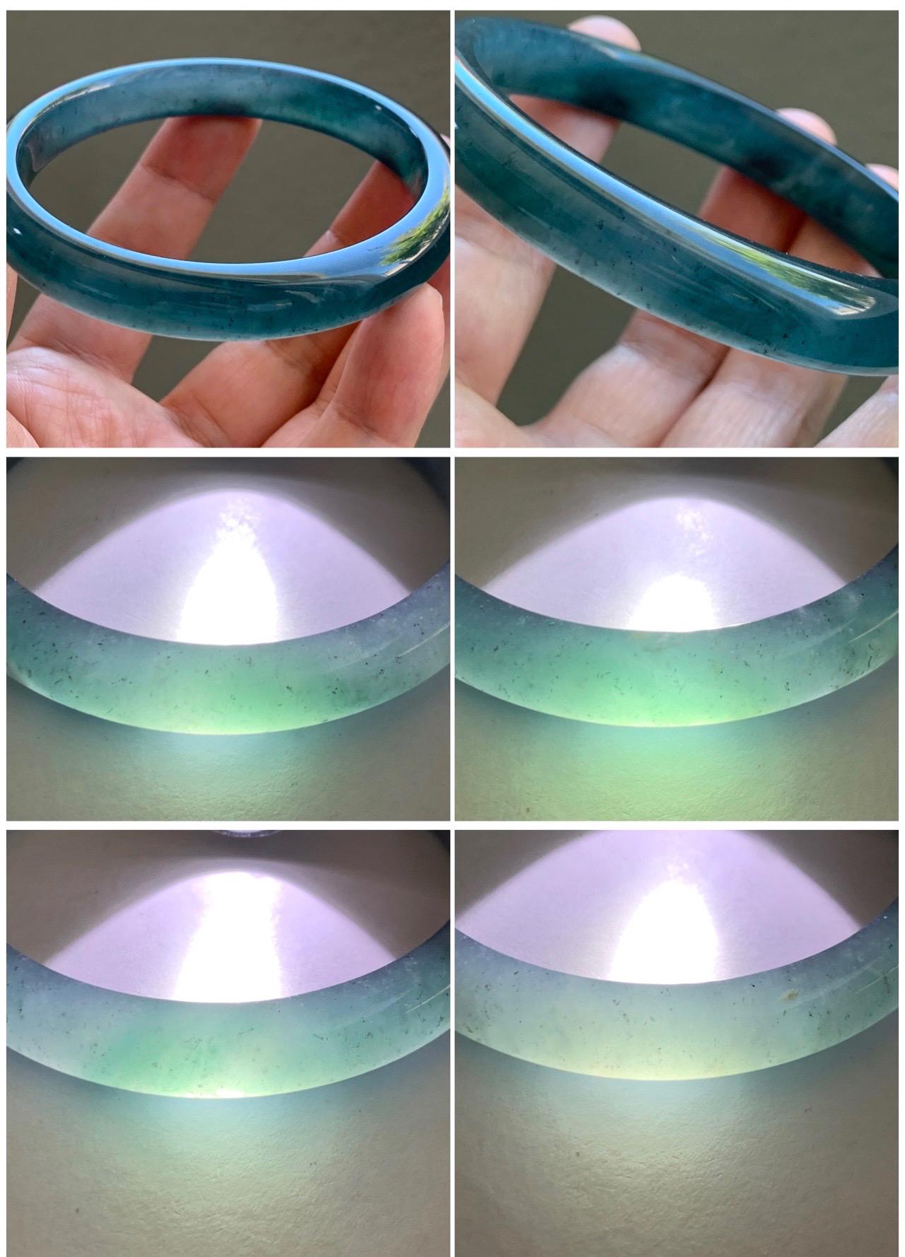 Certified Natural Grade A Guatemalan Icy Translucent Gelatinous Dark Teal Blue Jade Jadeite Bangle 58.63mm 7.25" 天然老种冰胶危蓝绿翡翠正圈手镯 8764