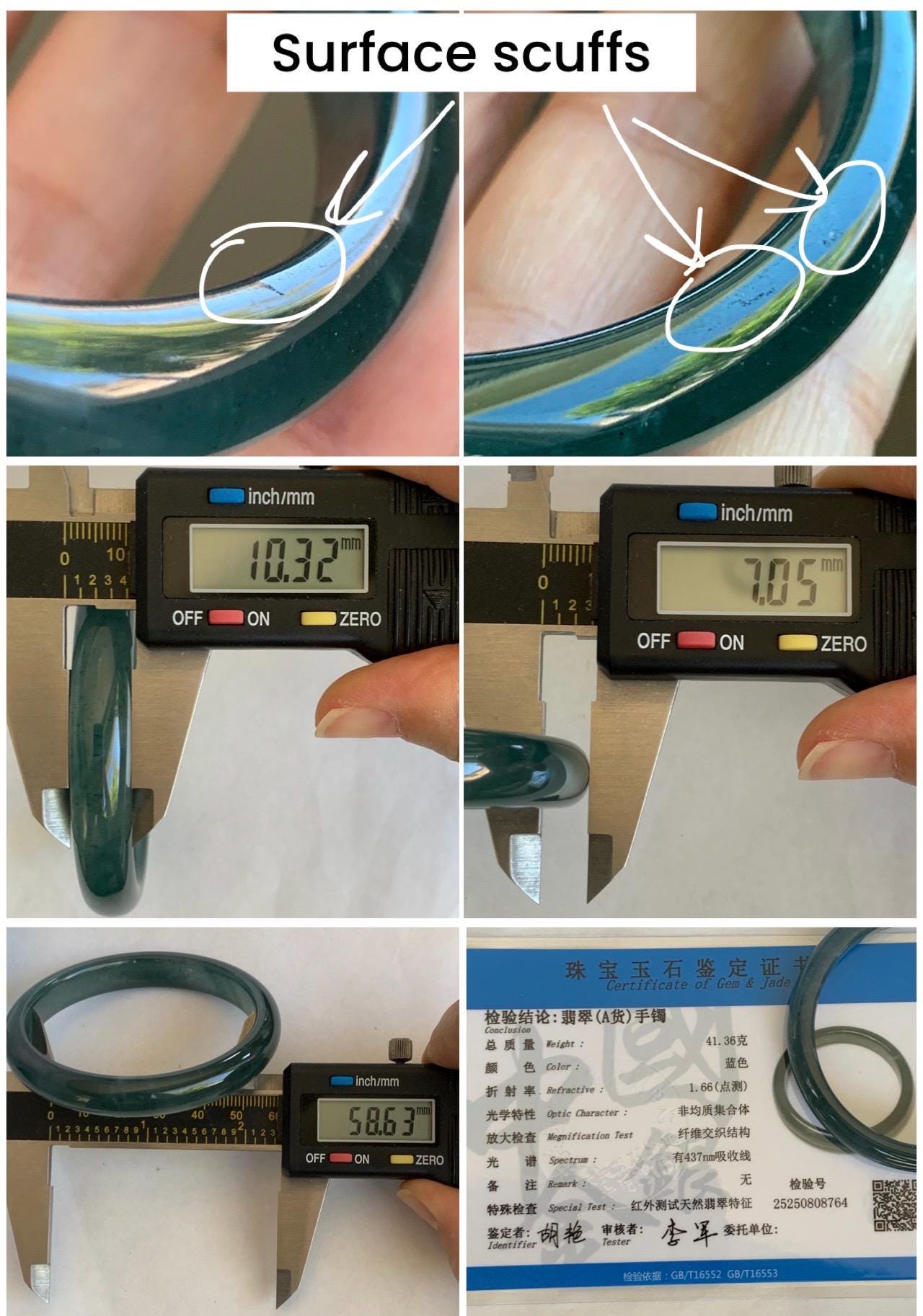 Certified Natural Grade A Guatemalan Icy Translucent Gelatinous Dark Teal Blue Jade Jadeite Bangle 58.63mm 7.25" 天然老种冰胶危蓝绿翡翠正圈手镯 8764