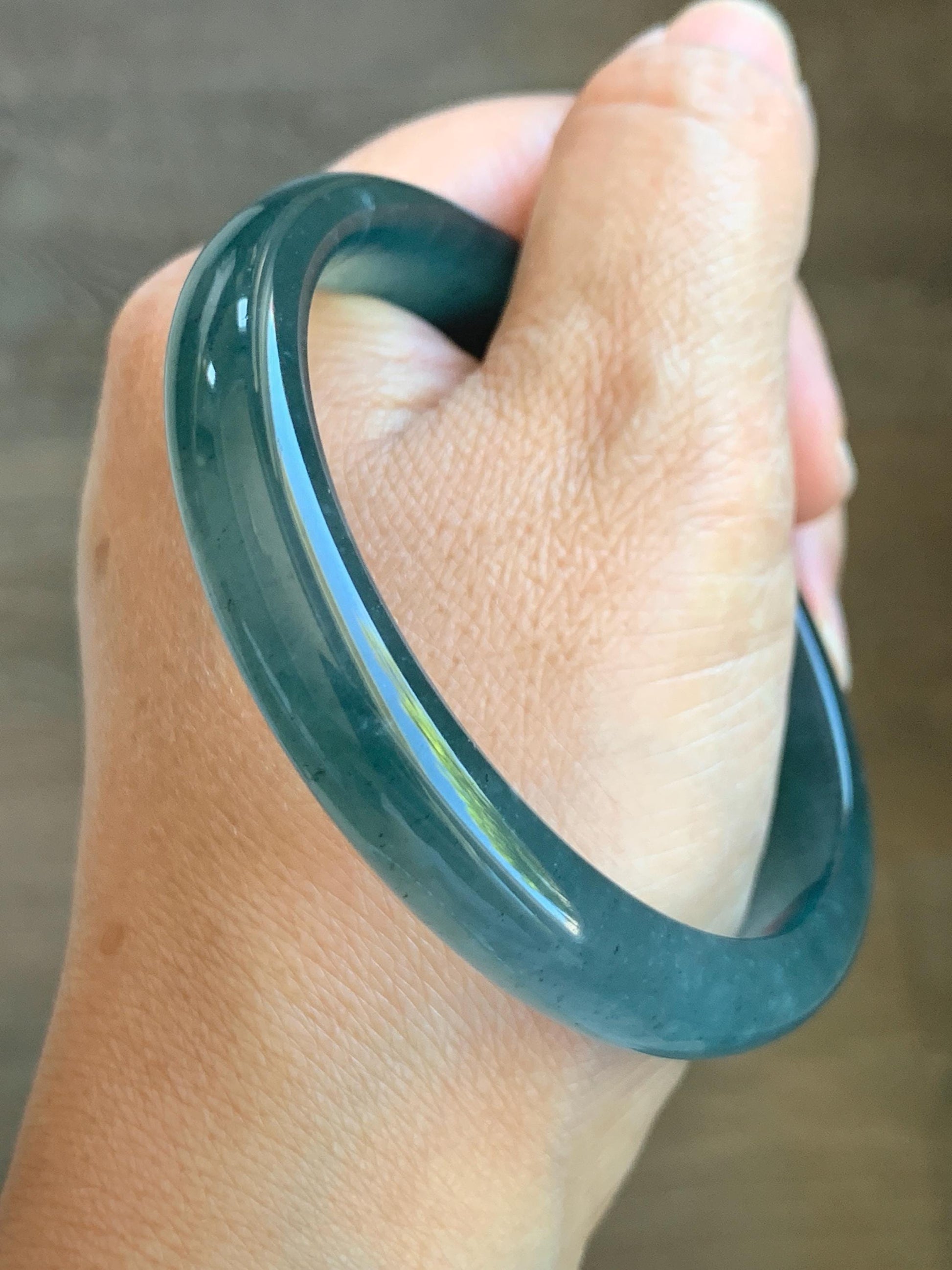 Certified Natural Grade A Guatemalan Icy Translucent Gelatinous Dark Teal Blue Jade Jadeite Bangle 58.63mm 7.25" 天然老种冰胶危蓝绿翡翠正圈手镯 8764