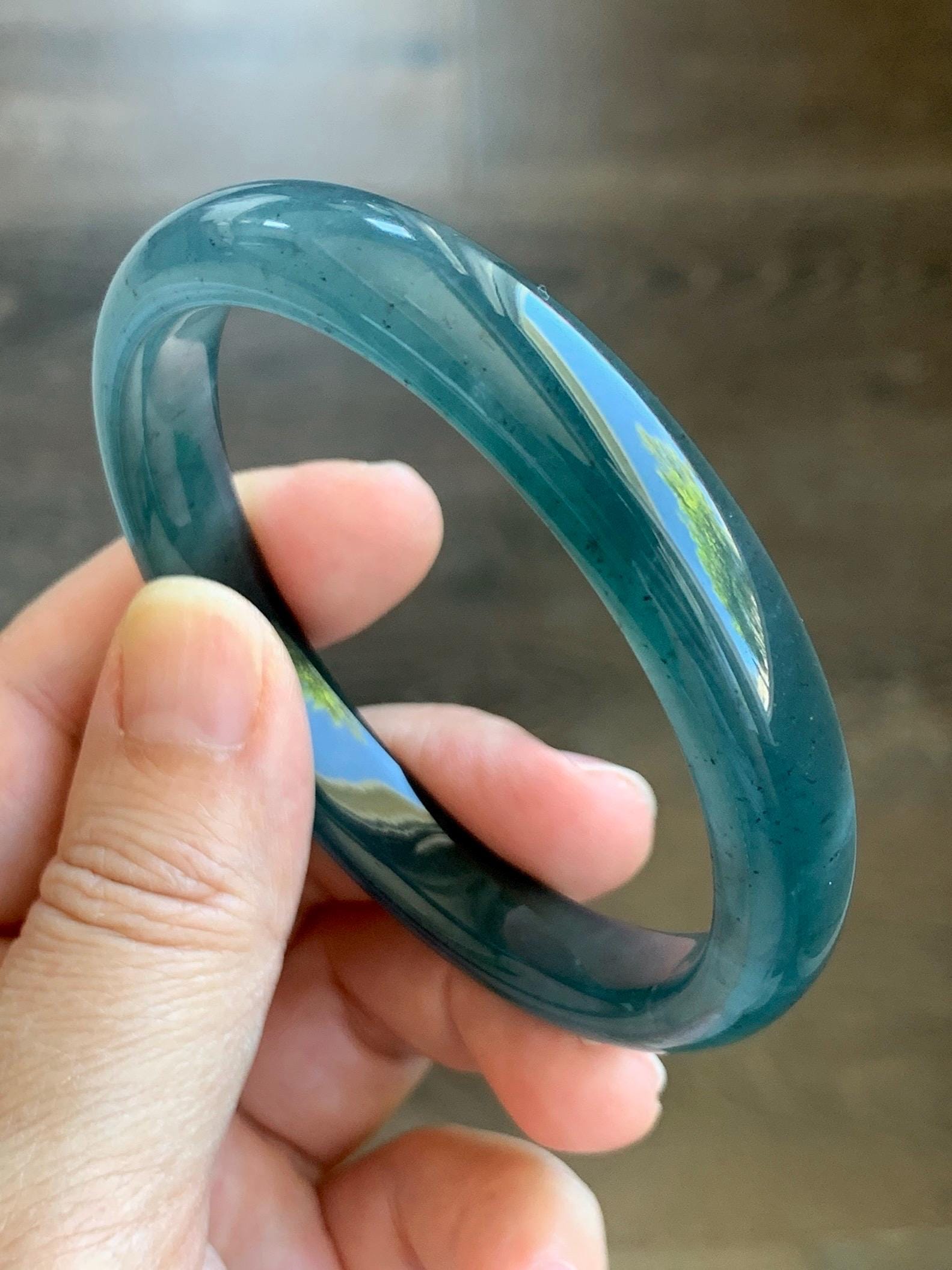 Certified Natural Grade A Guatemalan Icy Translucent Gelatinous Dark Teal Blue Jade Jadeite Bangle 58.63mm 7.25" 天然老种冰胶危蓝绿翡翠正圈手镯 8764