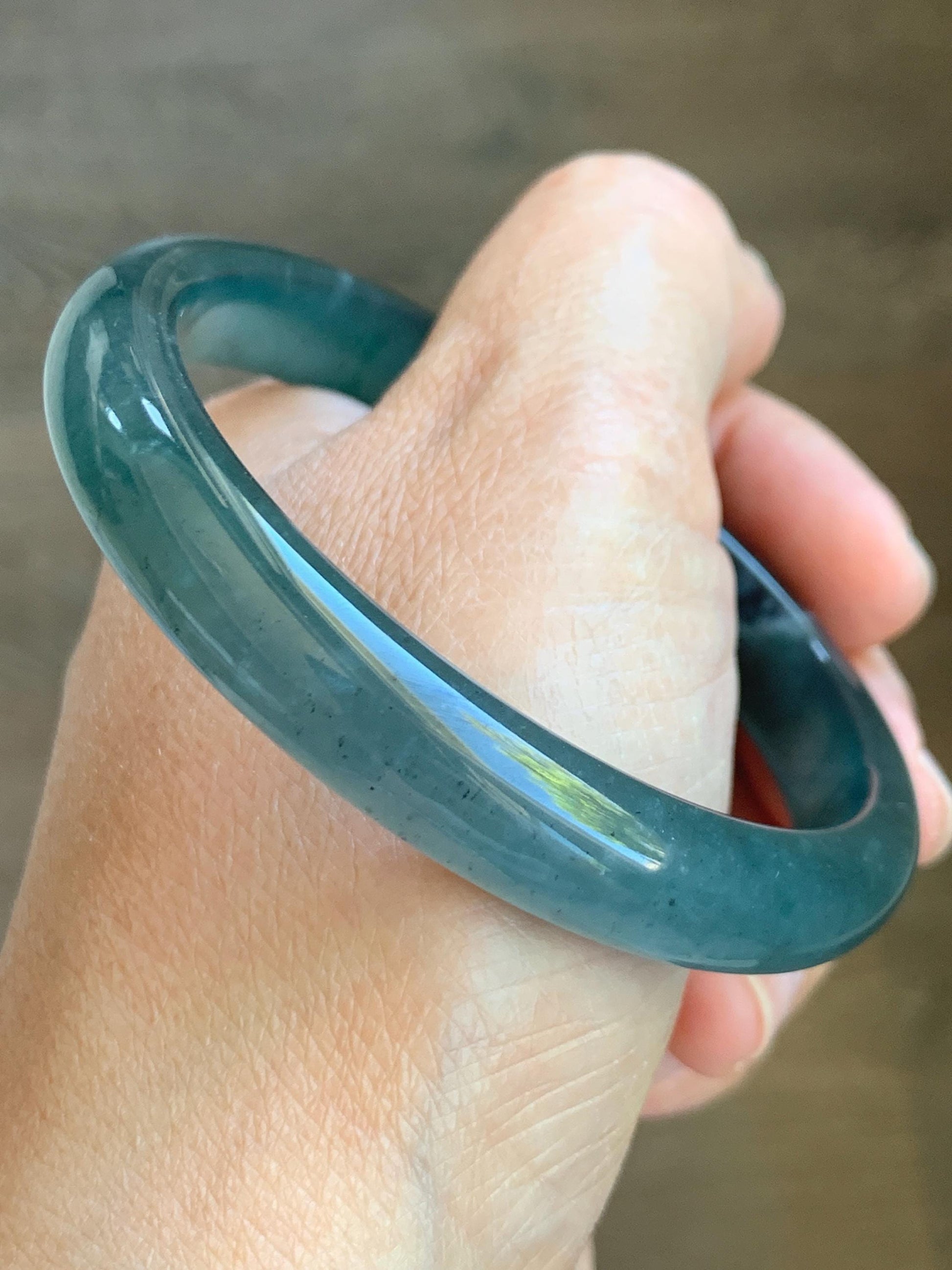 Certified Natural Grade A Guatemalan Icy Translucent Gelatinous Dark Teal Blue Jade Jadeite Bangle 58.63mm 7.25" 天然老种冰胶危蓝绿翡翠正圈手镯 8764