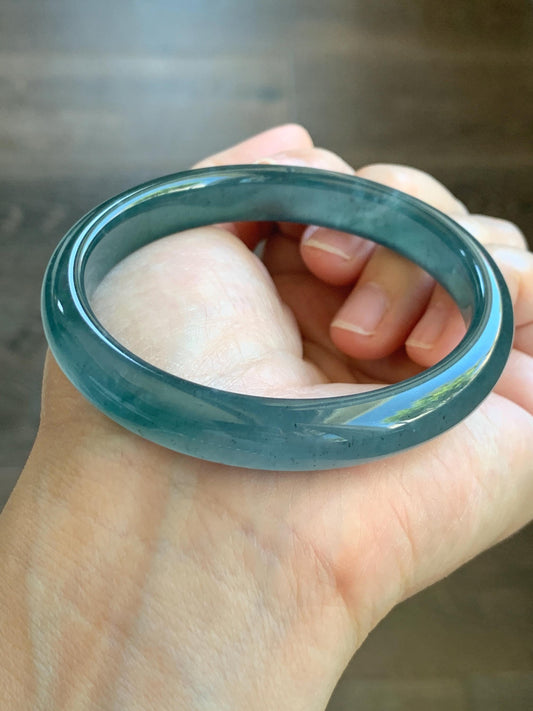 Certified Natural Grade A Guatemalan Icy Translucent Gelatinous Dark Teal Blue Jade Jadeite Bangle 58.63mm 7.25" 天然老种冰胶危蓝绿翡翠正圈手镯 8764