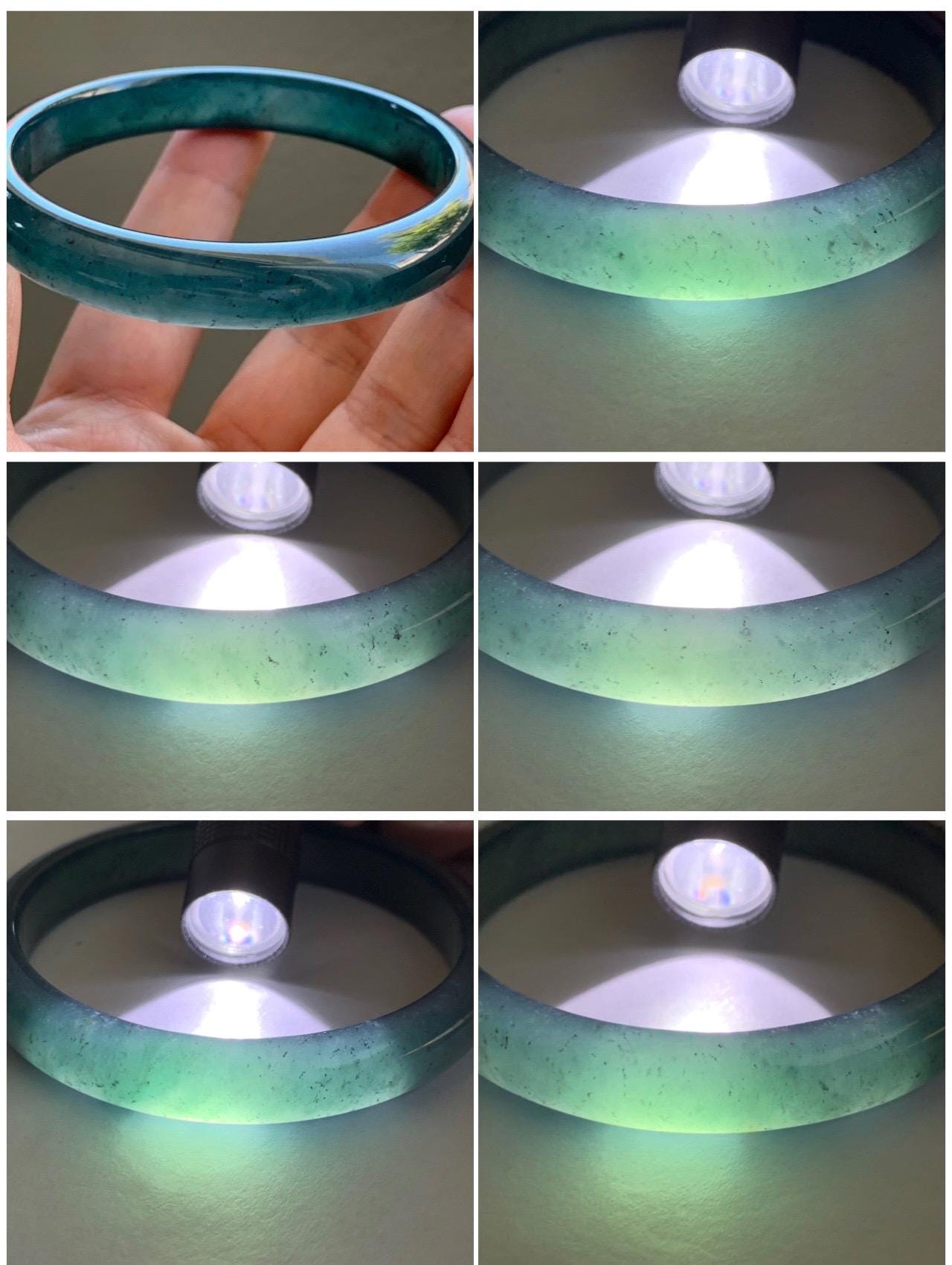 Certified Natural Grade A Guatemalan Icy Translucent Gelatinous Dark Teal Blue Jade Jadeite Bangle 58.57mm 7.24" 天然老种冰胶危蓝绿翡翠正圈手镯 8765