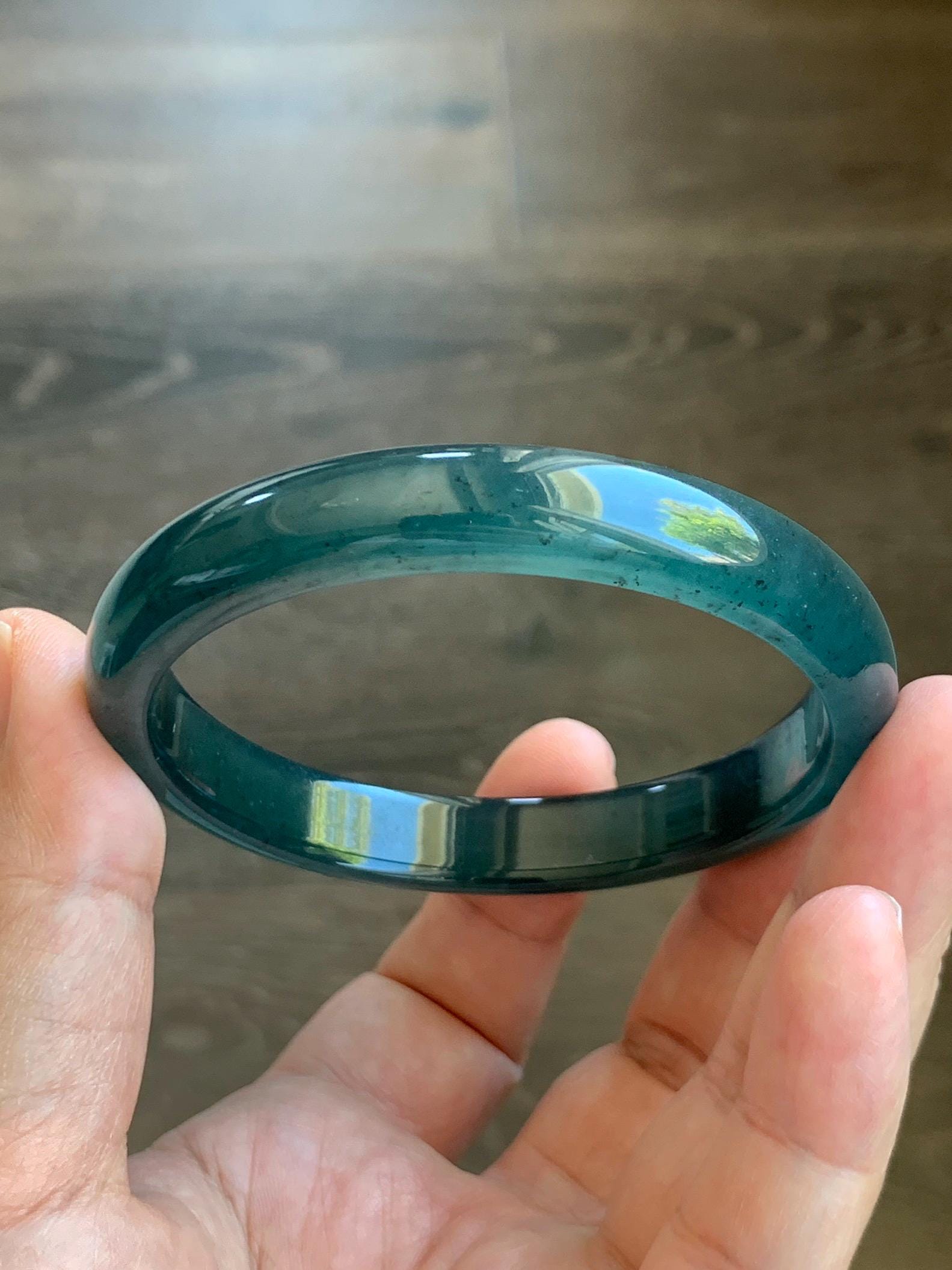 Certified Natural Grade A Guatemalan Icy Translucent Gelatinous Dark Teal Blue Jade Jadeite Bangle 58.57mm 7.24" 天然老种冰胶危蓝绿翡翠正圈手镯 8765