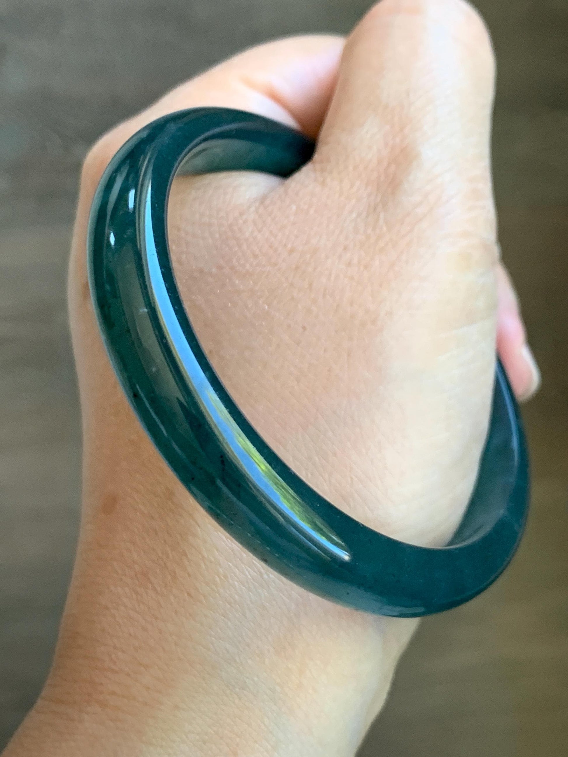 Certified Natural Grade A Guatemalan Icy Translucent Gelatinous Dark Teal Blue Jade Jadeite Bangle 58.57mm 7.24" 天然老种冰胶危蓝绿翡翠正圈手镯 8765