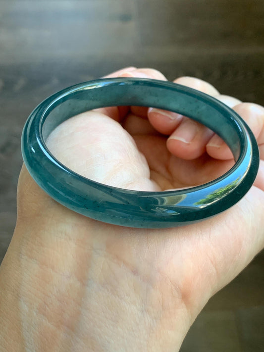 Certified Natural Grade A Guatemalan Icy Translucent Gelatinous Dark Teal Blue Jade Jadeite Bangle 58.57mm 7.24" 天然老种冰胶危蓝绿翡翠正圈手镯 8765