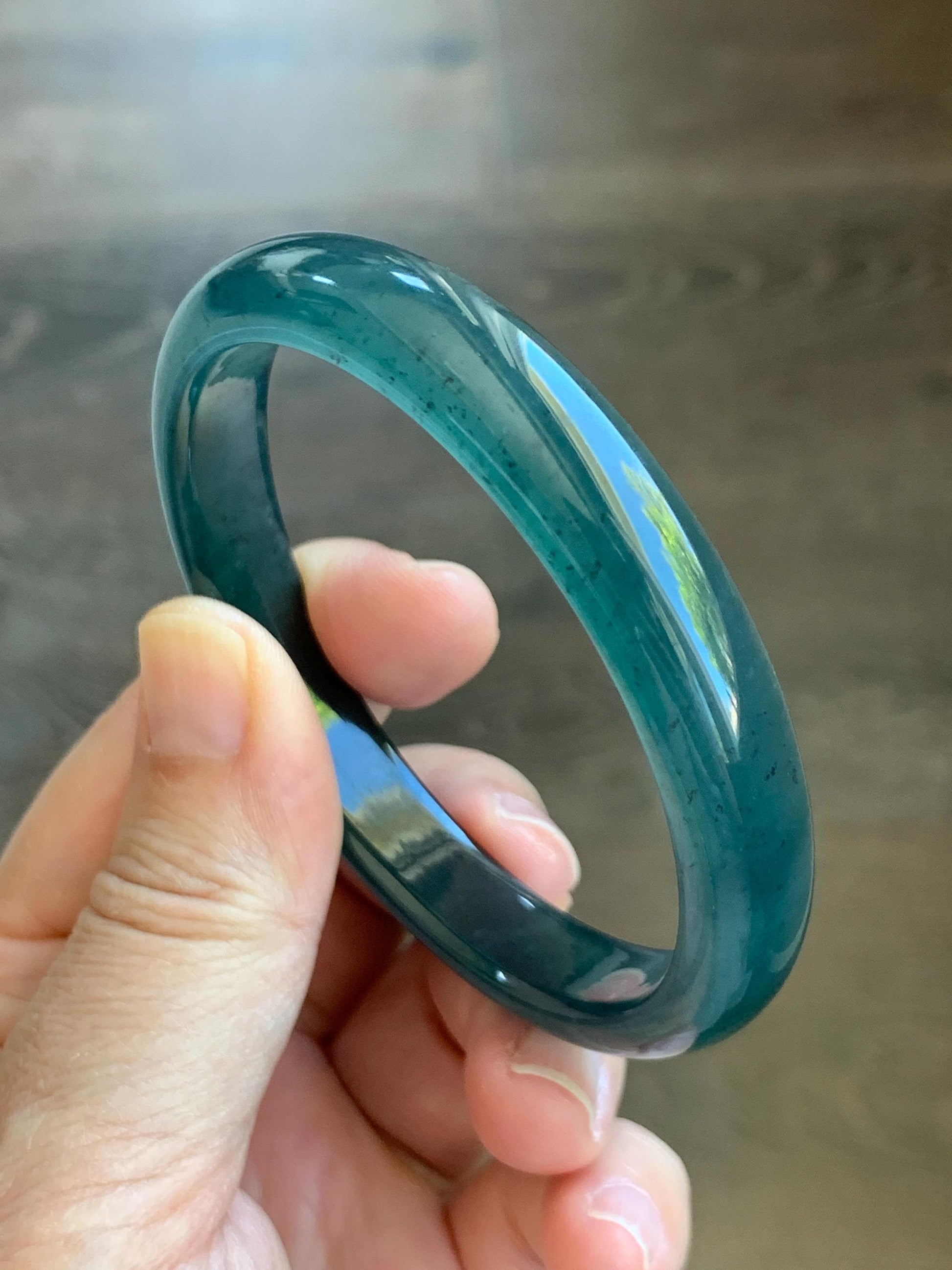 Certified Natural Grade A Guatemalan Icy Translucent Gelatinous Dark Teal Blue Jade Jadeite Bangle 58.57mm 7.24" 天然老种冰胶危蓝绿翡翠正圈手镯 8765