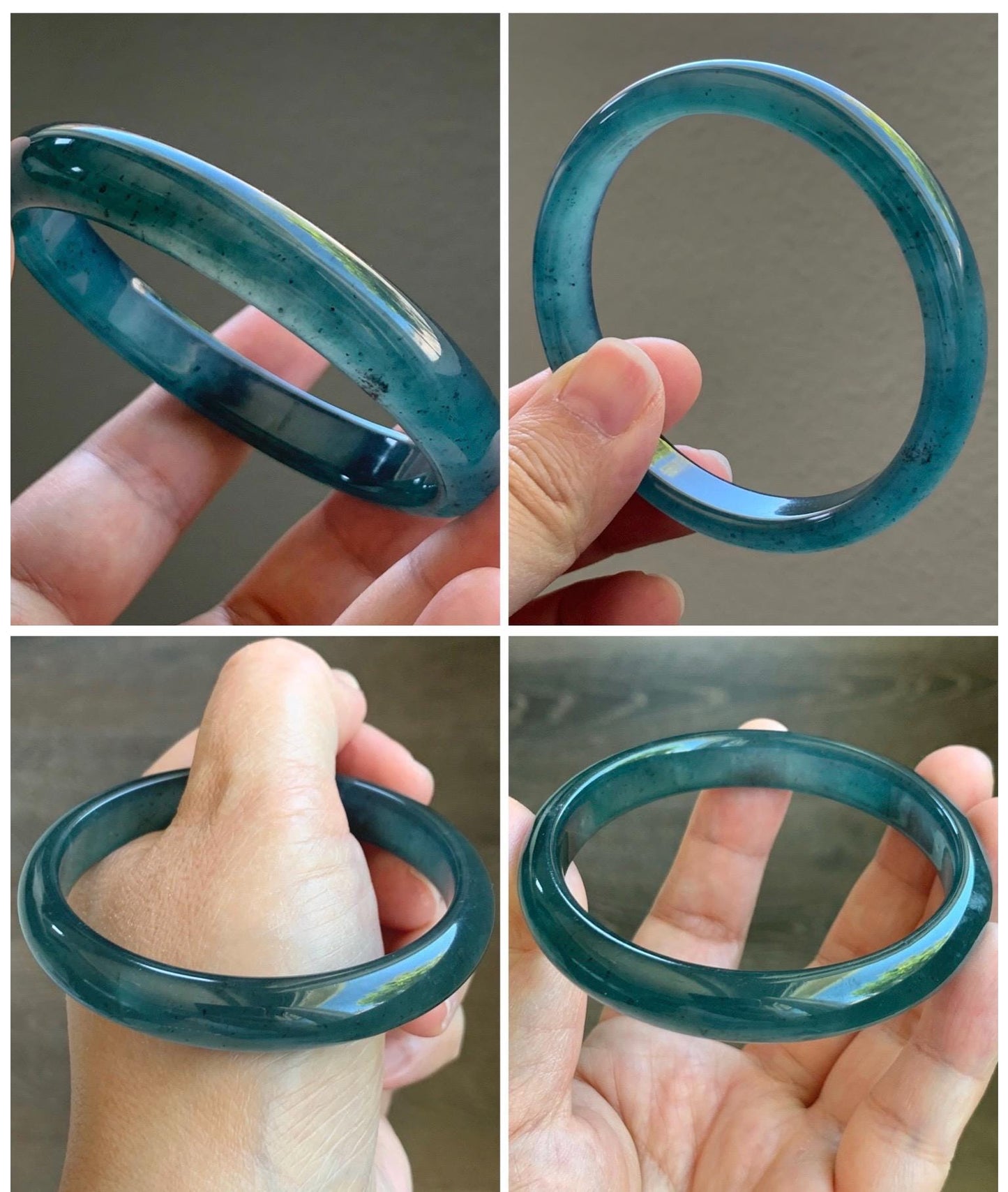 Certified Natural Grade A Guatemalan Icy Translucent Gelatinous Dark Teal Blue Jade Jadeite Bangle 57.81mm 7.14" 天然老种冰胶危蓝绿翡翠正圈手镯 8766