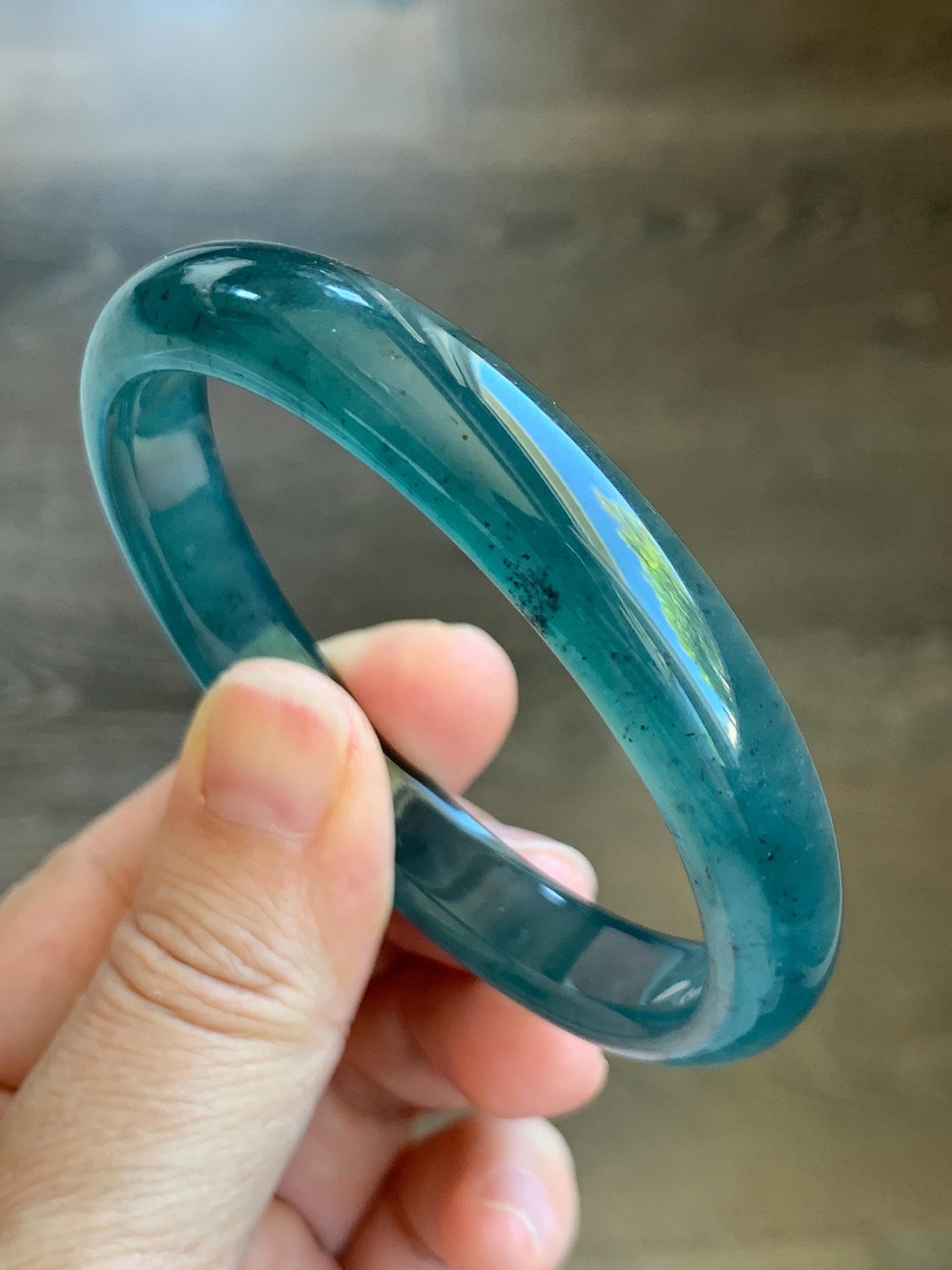 Certified Natural Grade A Guatemalan Icy Translucent Gelatinous Dark Teal Blue Jade Jadeite Bangle 57.81mm 7.14" 天然老种冰胶危蓝绿翡翠正圈手镯 8766
