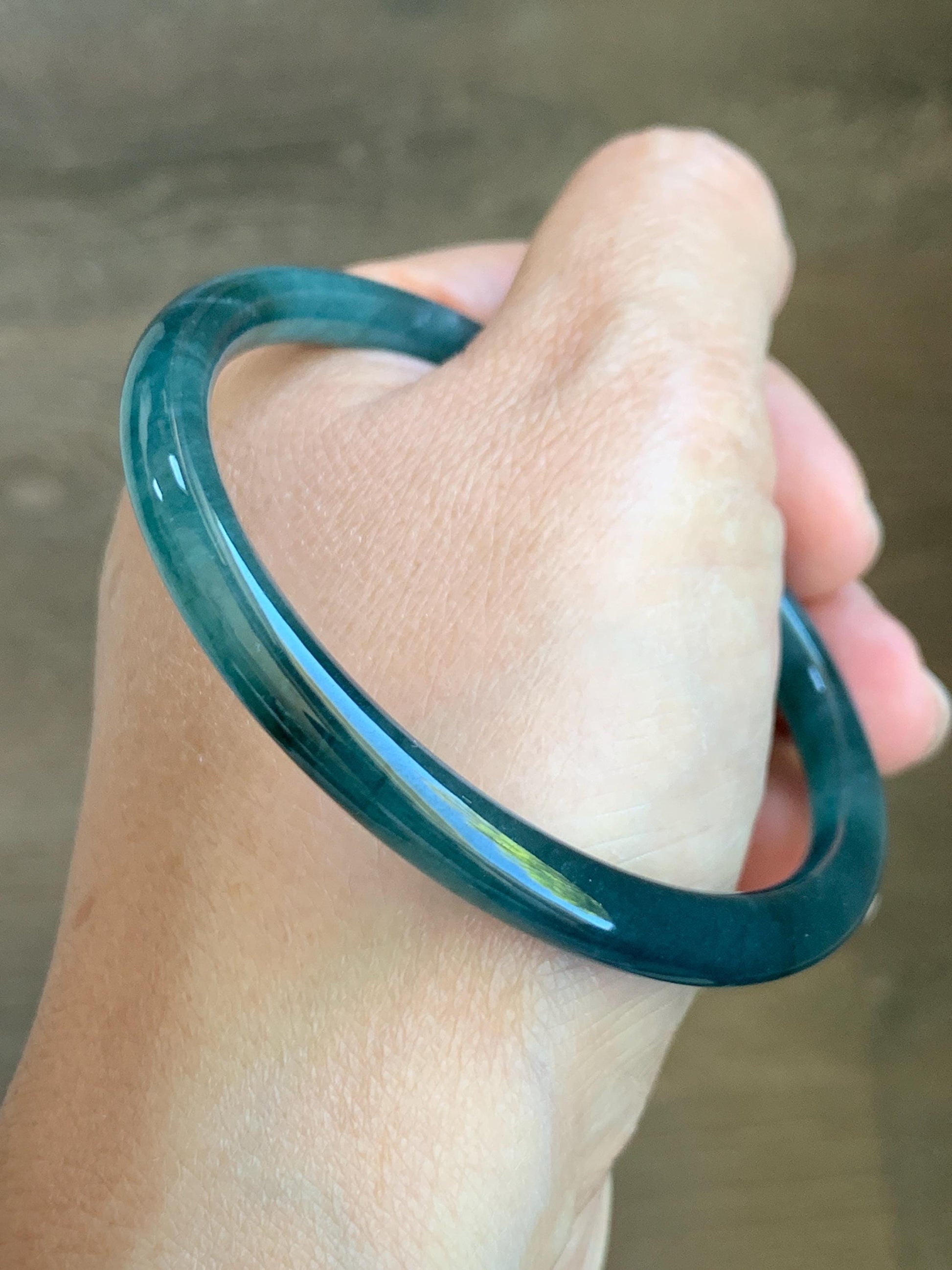 Certified Natural Grade A Guatemalan Icy Translucent Dark Teal Blue Jade Jadeite Slim Bangle 57.58mm 7.11” 天然冰胶危深蓝翡翠细圆条手镯 8774