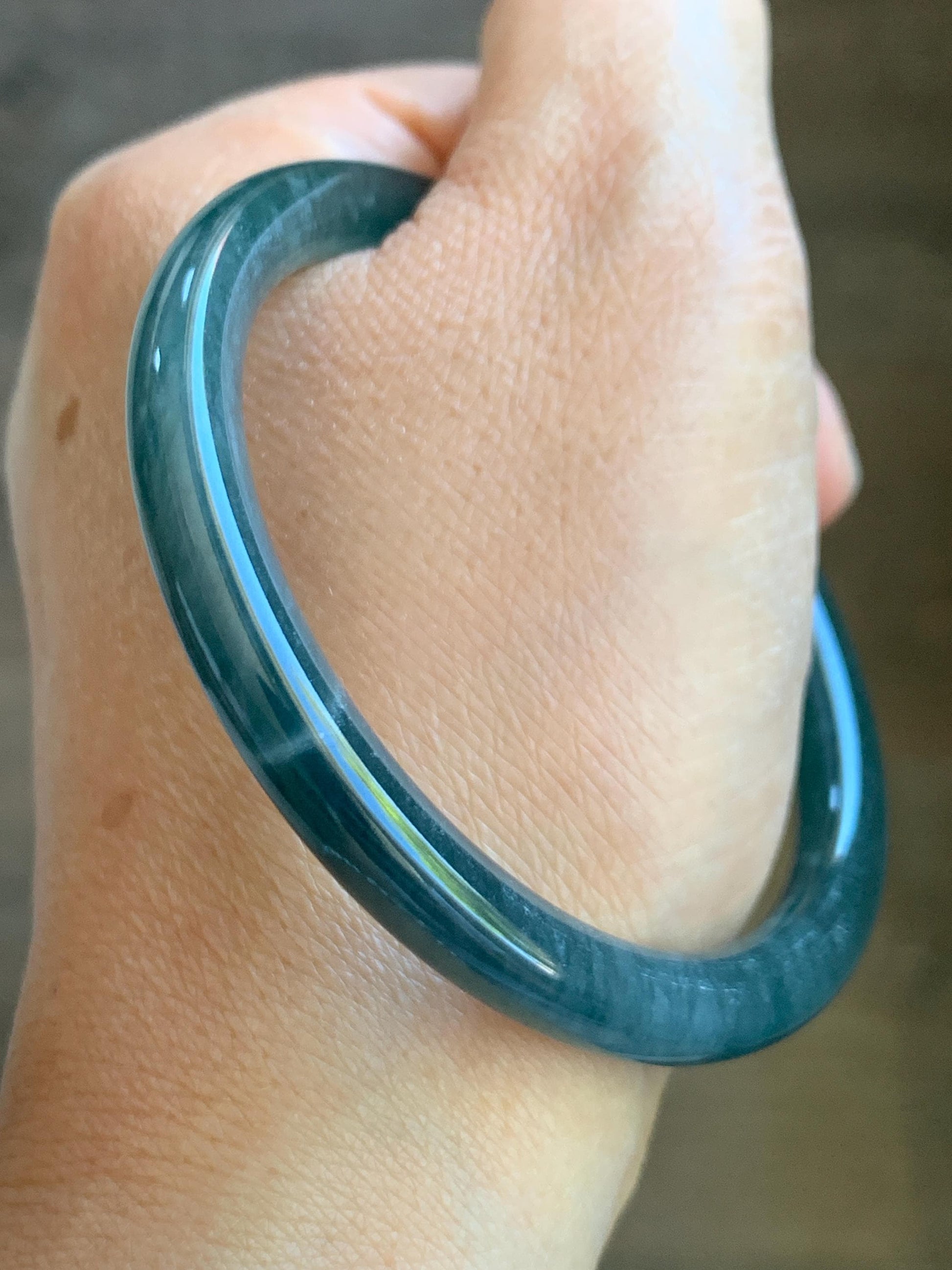 Certified Natural Grade A Guatemalan Icy Translucent Dark Dusty Teal Blue Jade Jadeite Slim Bangle 54.85mm 6.78” 天然冰胶危深蓝翡翠细圆条手镯 8761