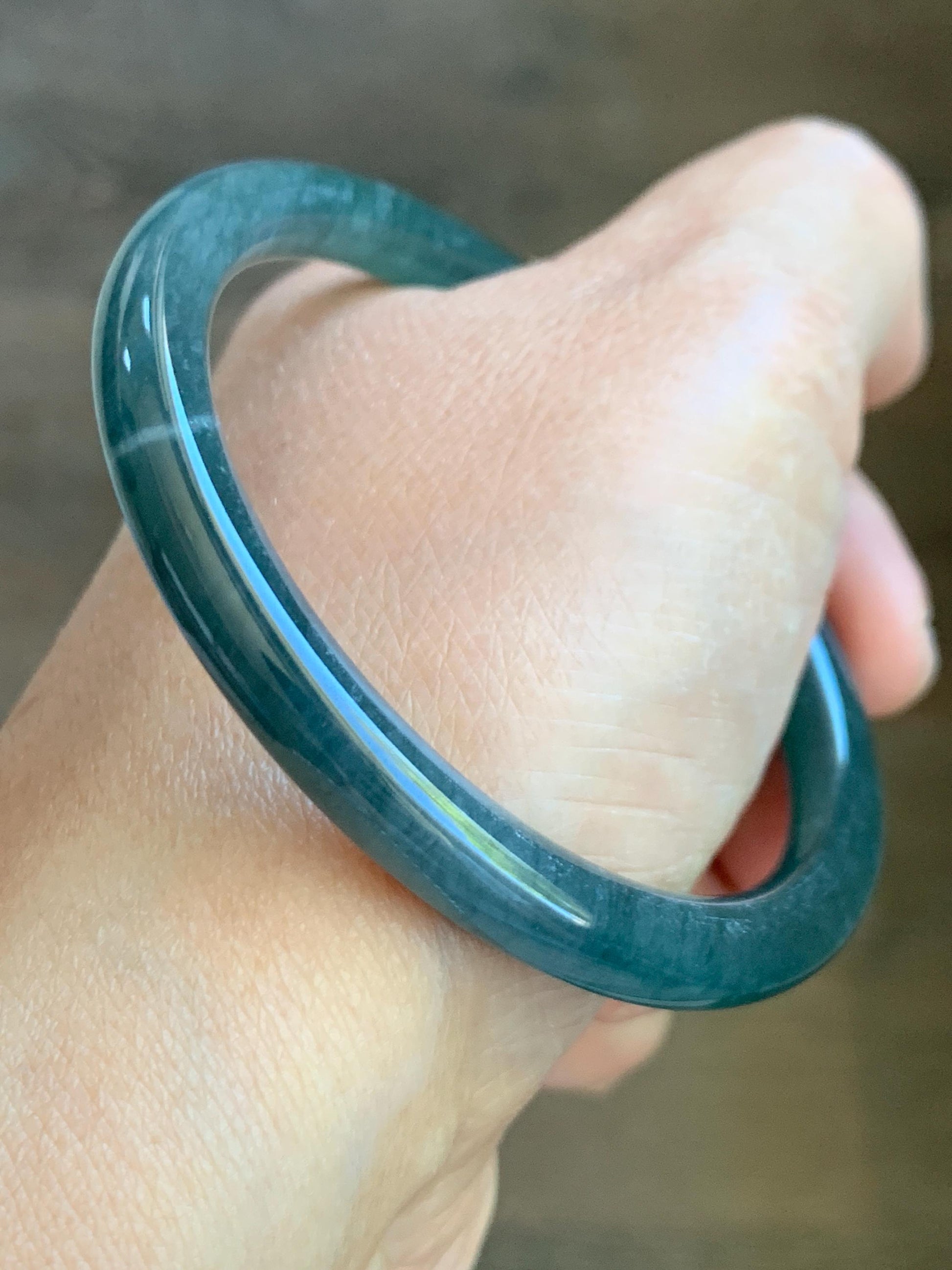 Certified Natural Grade A Guatemalan Icy Translucent Dark Dusty Teal Blue Jade Jadeite Slim Bangle 54.85mm 6.78” 天然冰胶危深蓝翡翠细圆条手镯 8761