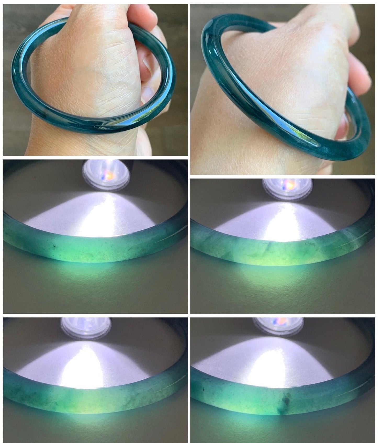 Certified Natural Grade A Guatemalan Icy Translucent Dark Teal Blue Jade Jadeite Slim Bangle 55.68mm 6.88” 天然冰胶危深蓝翡翠细圆条手镯 8773