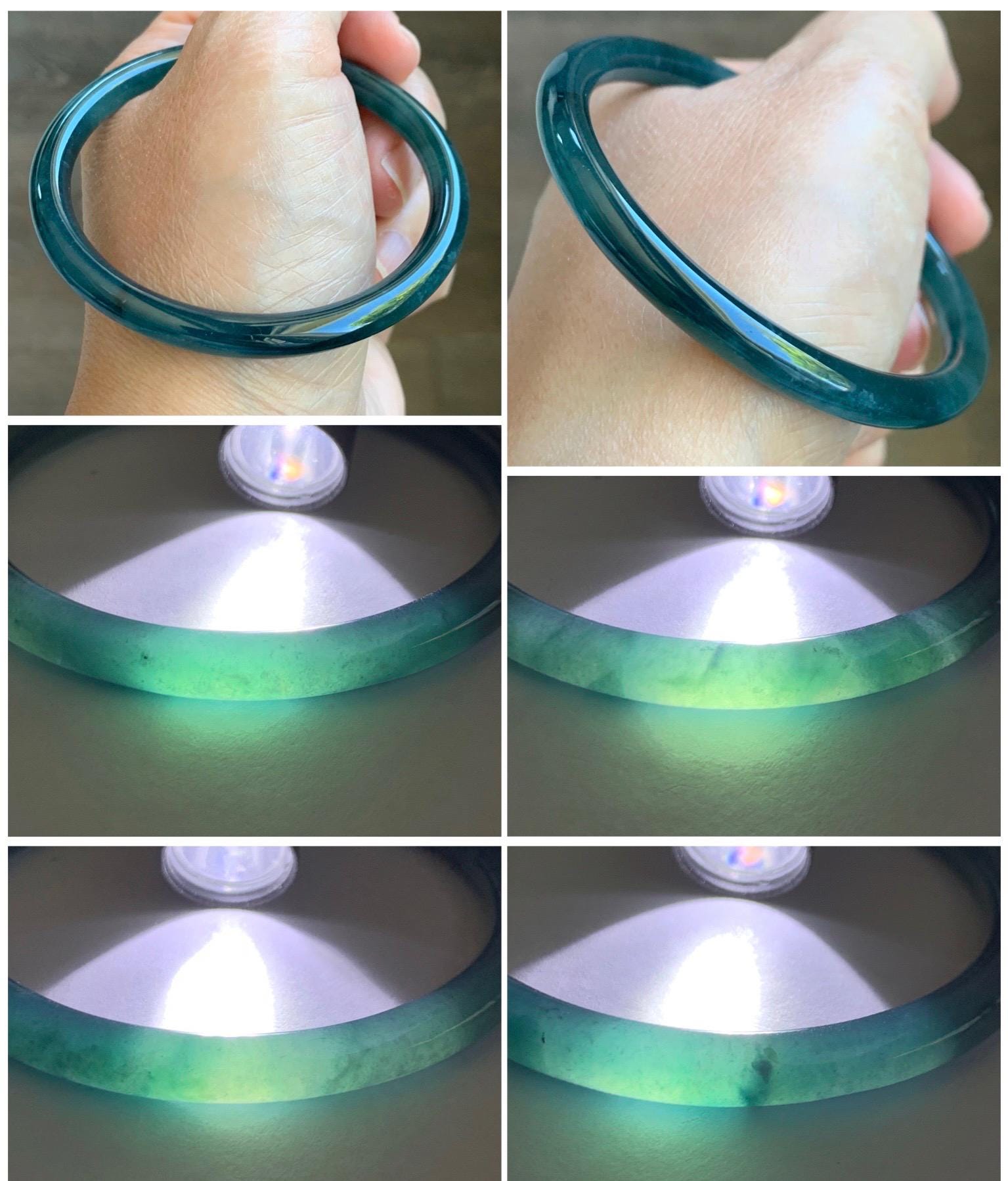 Certified Natural Grade A Guatemalan Icy Translucent Dark Teal Blue Jade Jadeite Slim Bangle 55.68mm 6.88” 天然冰胶危深蓝翡翠细圆条手镯 8773