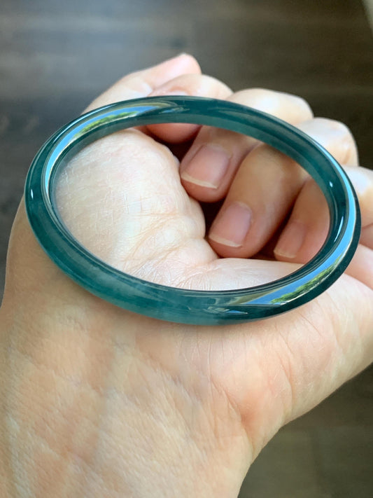 Certified Natural Grade A Guatemalan Icy Translucent Dark Teal Blue Jade Jadeite Slim Bangle 55.68mm 6.88” 天然冰胶危深蓝翡翠细圆条手镯 8773