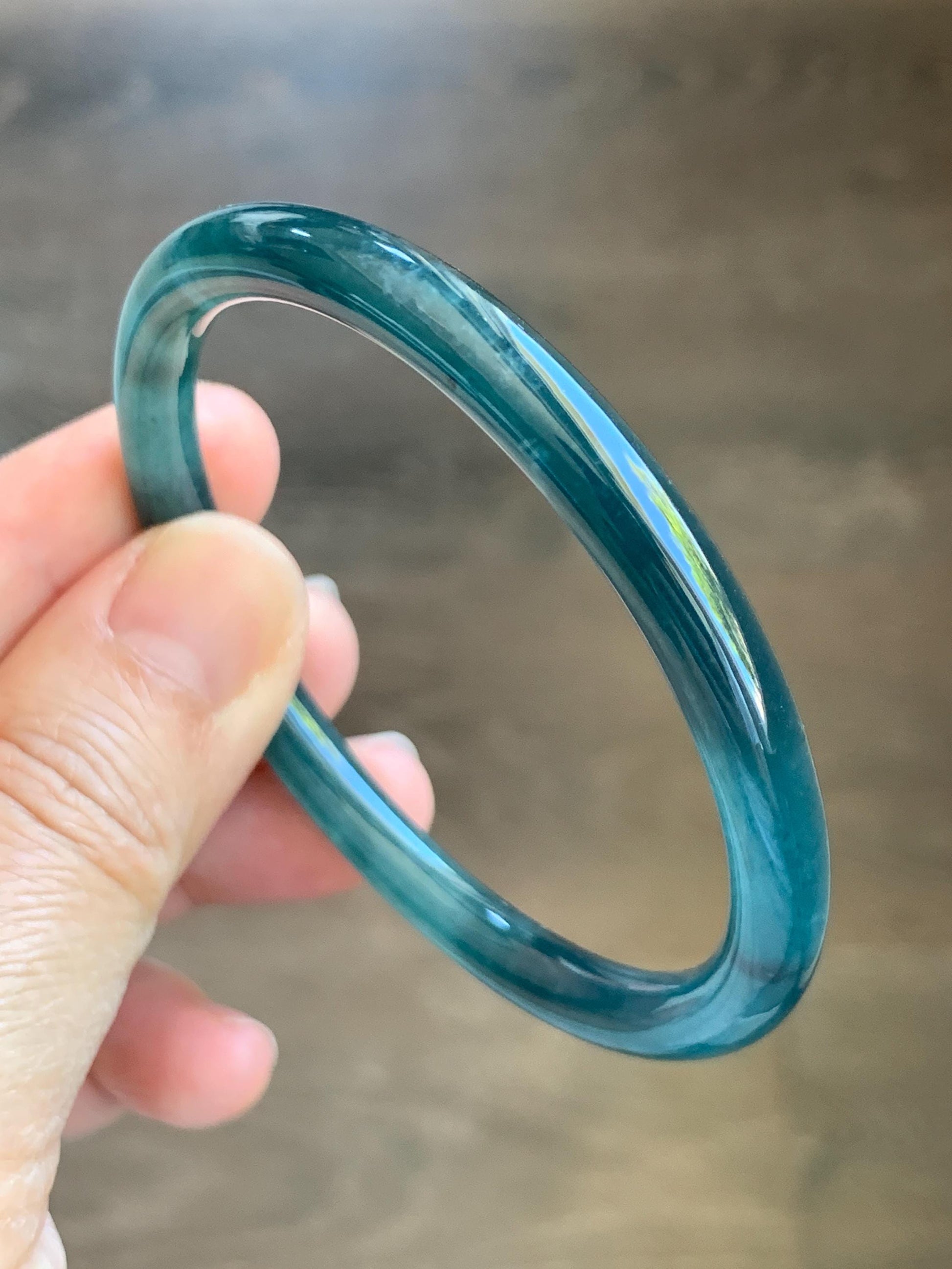 Certified Natural Grade A Guatemalan Icy Translucent Dark Teal Blue Jade Jadeite Slim Bangle 55.68mm 6.88” 天然冰胶危深蓝翡翠细圆条手镯 8773