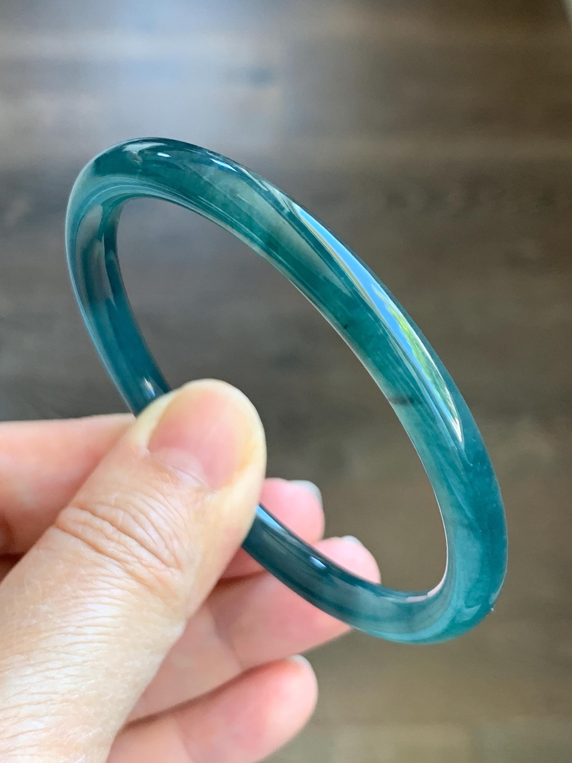 Certified Natural Grade A Guatemalan Icy Translucent Dark Teal Blue Jade Jadeite Slim Bangle 55.68mm 6.88” 天然冰胶危深蓝翡翠细圆条手镯 8773