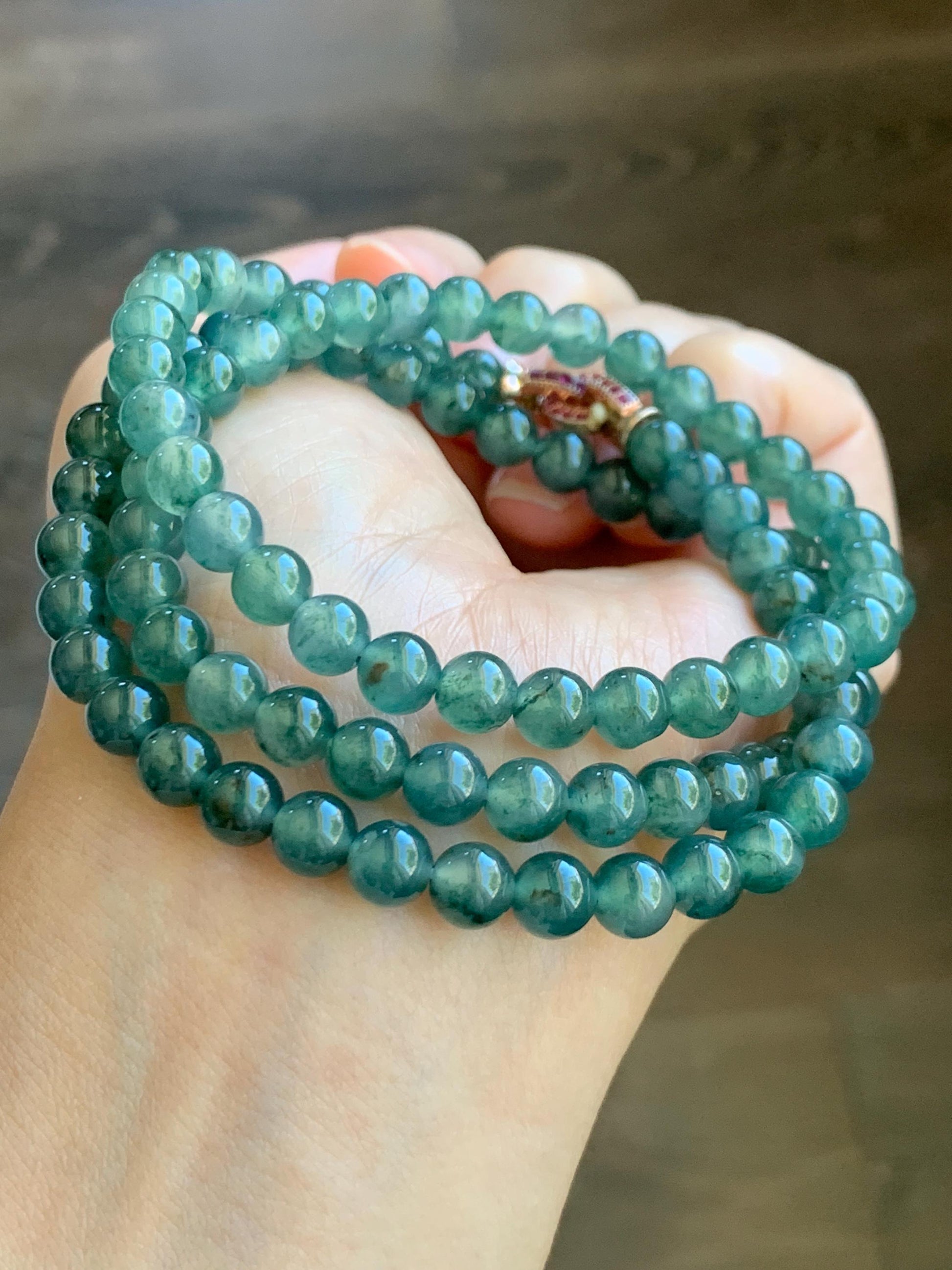 Certified Grade A Natural Guatemalan Icy Highly Translucent Teal Green Marbled Jade Jadeite Beaded Necklace 6.5mm 23.5” 天然高冰危蓝绿飘花翡翠圆珠项链 8752