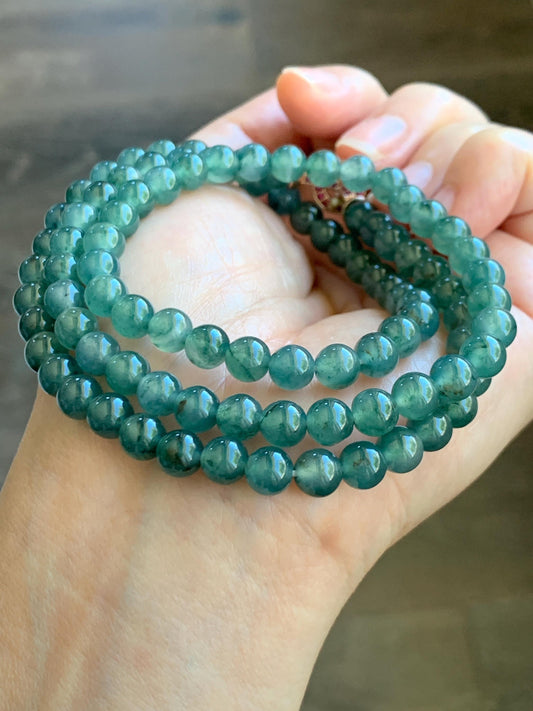 Certified Grade A Natural Guatemalan Icy Highly Translucent Teal Green Marbled Jade Jadeite Beaded Necklace 6.5mm 23.5” 天然高冰危蓝绿飘花翡翠圆珠项链 8752
