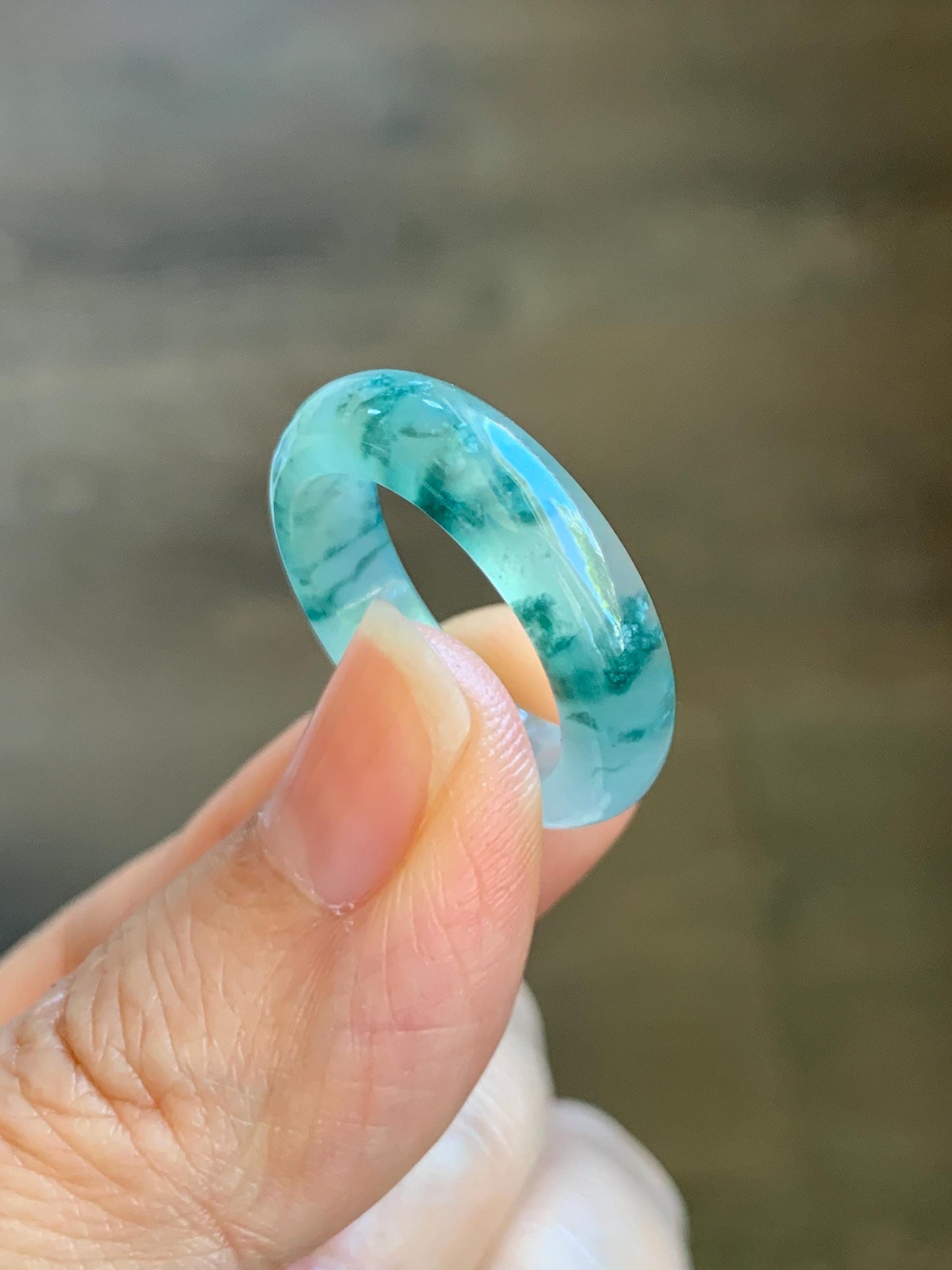 Certified Natural Grade A Premium Jade Jadeite Icy Highly Translucent Gelatinous Green Marbled Band Ring Size 7.75 US 天然冰起光飘花翡翠戒圈 8748