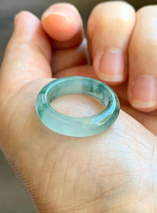 Certified Natural Grade A Premium Jade Jadeite Icy Highly Translucent Gelatinous Green Marbled Band Ring Size 7.75 US 天然冰起光飘花翡翠戒圈 8748