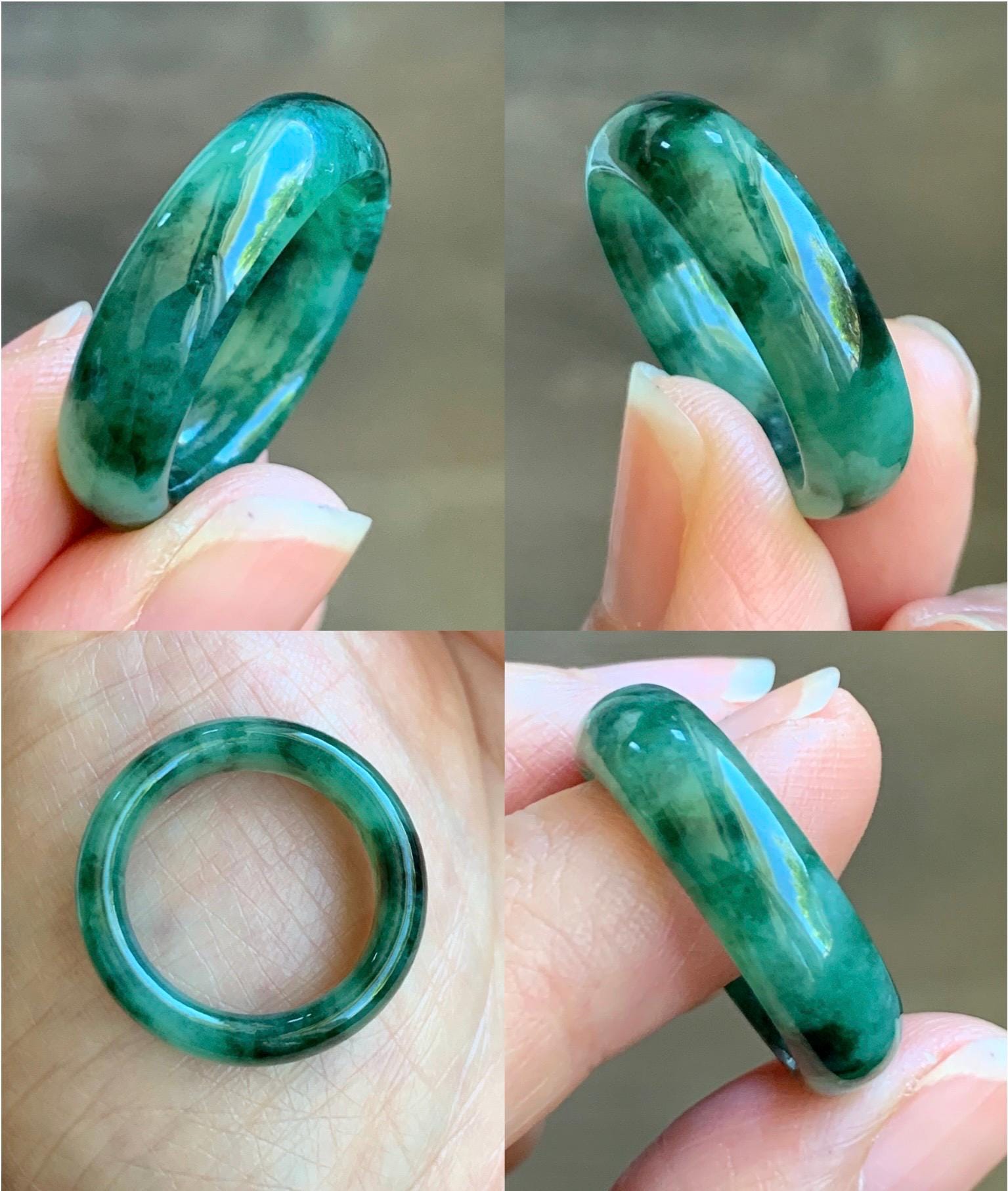 Certified Natural Grade A Icy Translucent Gelatinous Dark Green Marbled Jade Jadeite Band Ring Size 7.75 US 4g 天然冰胶绿飘花翡翠戒圈 8731