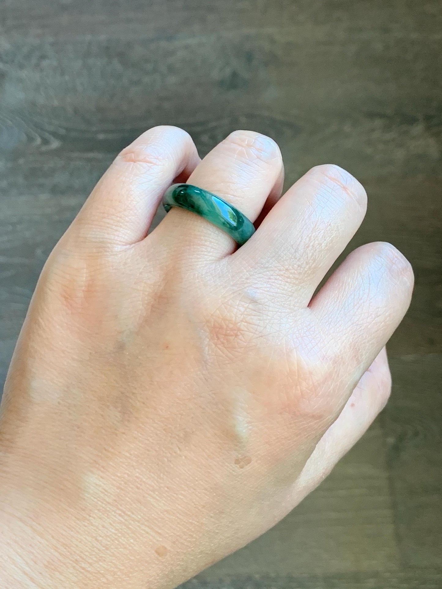 Certified Natural Grade A Icy Translucent Gelatinous Dark Green Marbled Jade Jadeite Band Ring Size 7.75 US 4g 天然冰胶绿飘花翡翠戒圈 8731