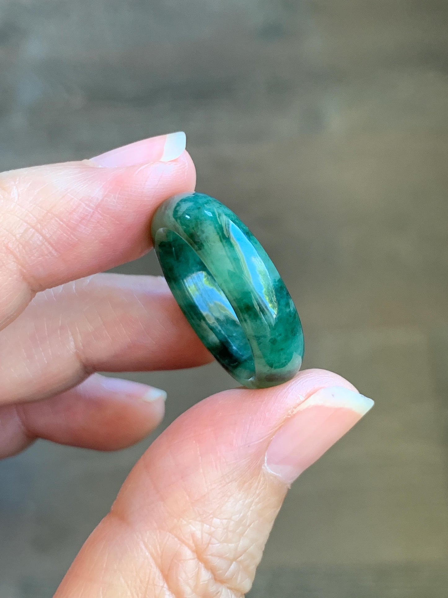 Certified Natural Grade A Icy Translucent Gelatinous Dark Green Marbled Jade Jadeite Band Ring Size 7.75 US 4g 天然冰胶绿飘花翡翠戒圈 8731