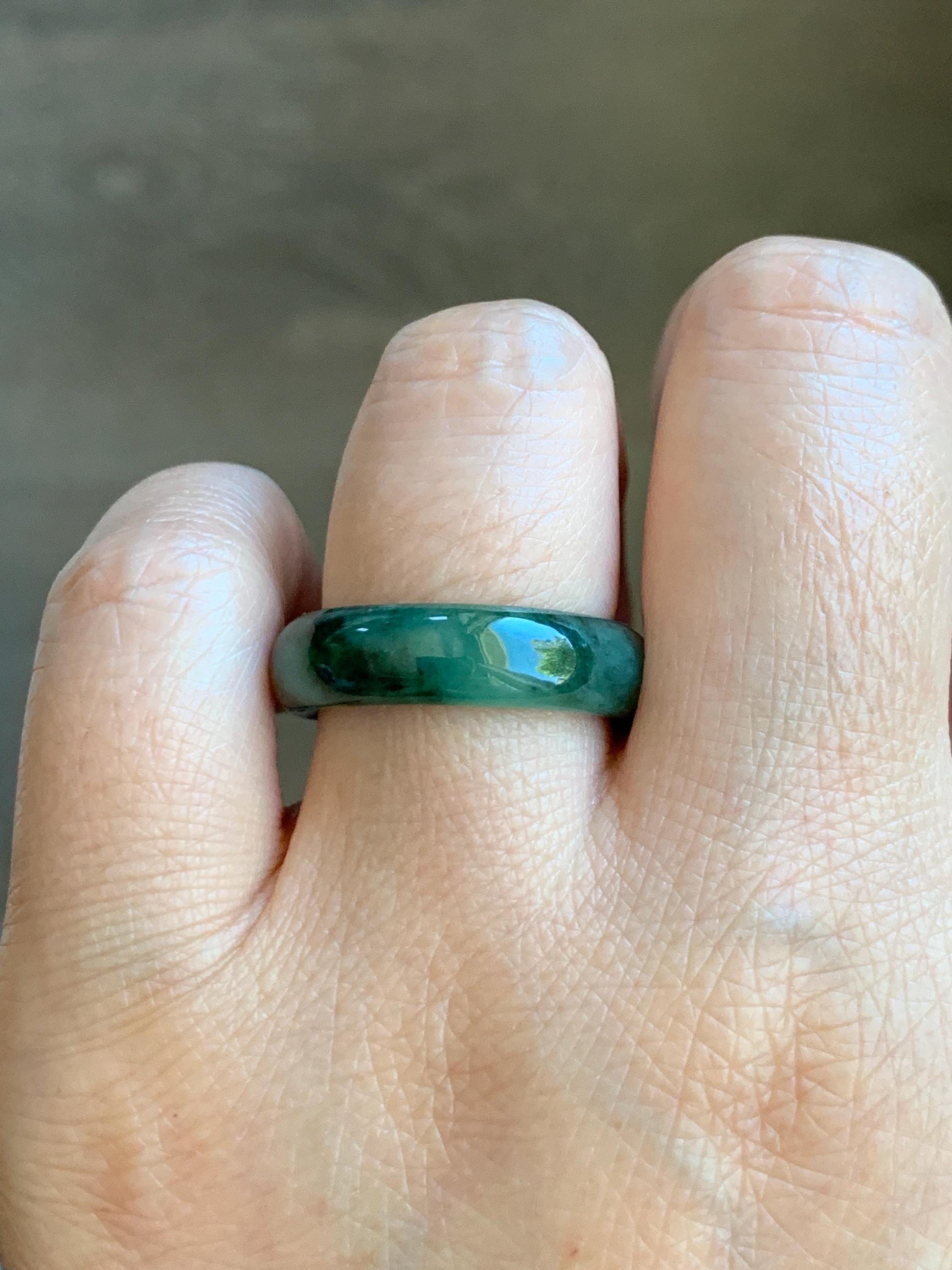 Certified Natural Grade A Icy Translucent Gelatinous Dark Green Marbled Jade Jadeite Band Ring Size 7.75 US 4g 天然冰胶绿飘花翡翠戒圈 8731