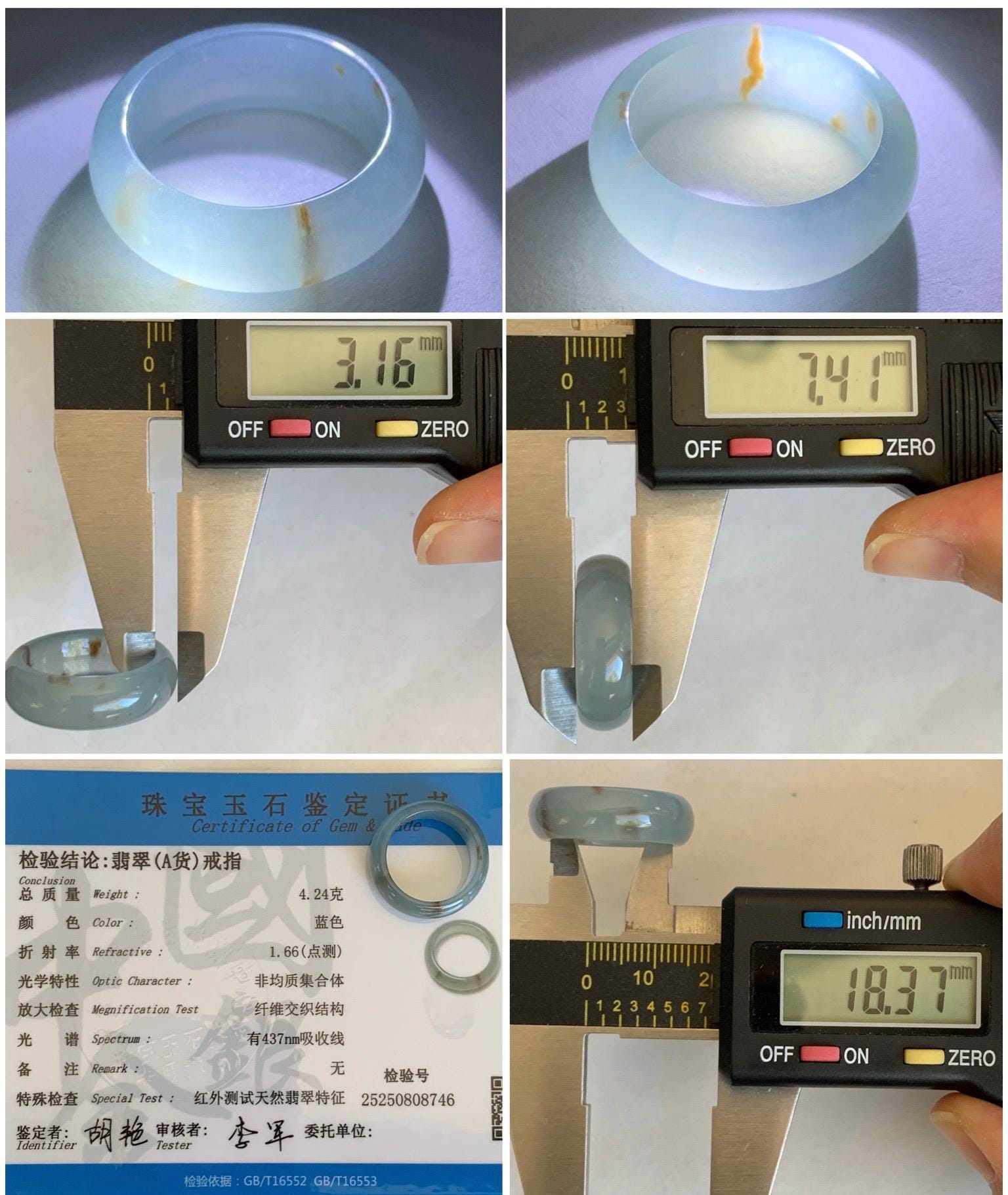 Certified Natural Grade A Guatemalan Icy Translucent Gelatinous Dusty Blur Jade Jadeite Band Ring Size 8 US 4.24g 天然冰胶危淡蓝撒金翡翠戒圈 8746