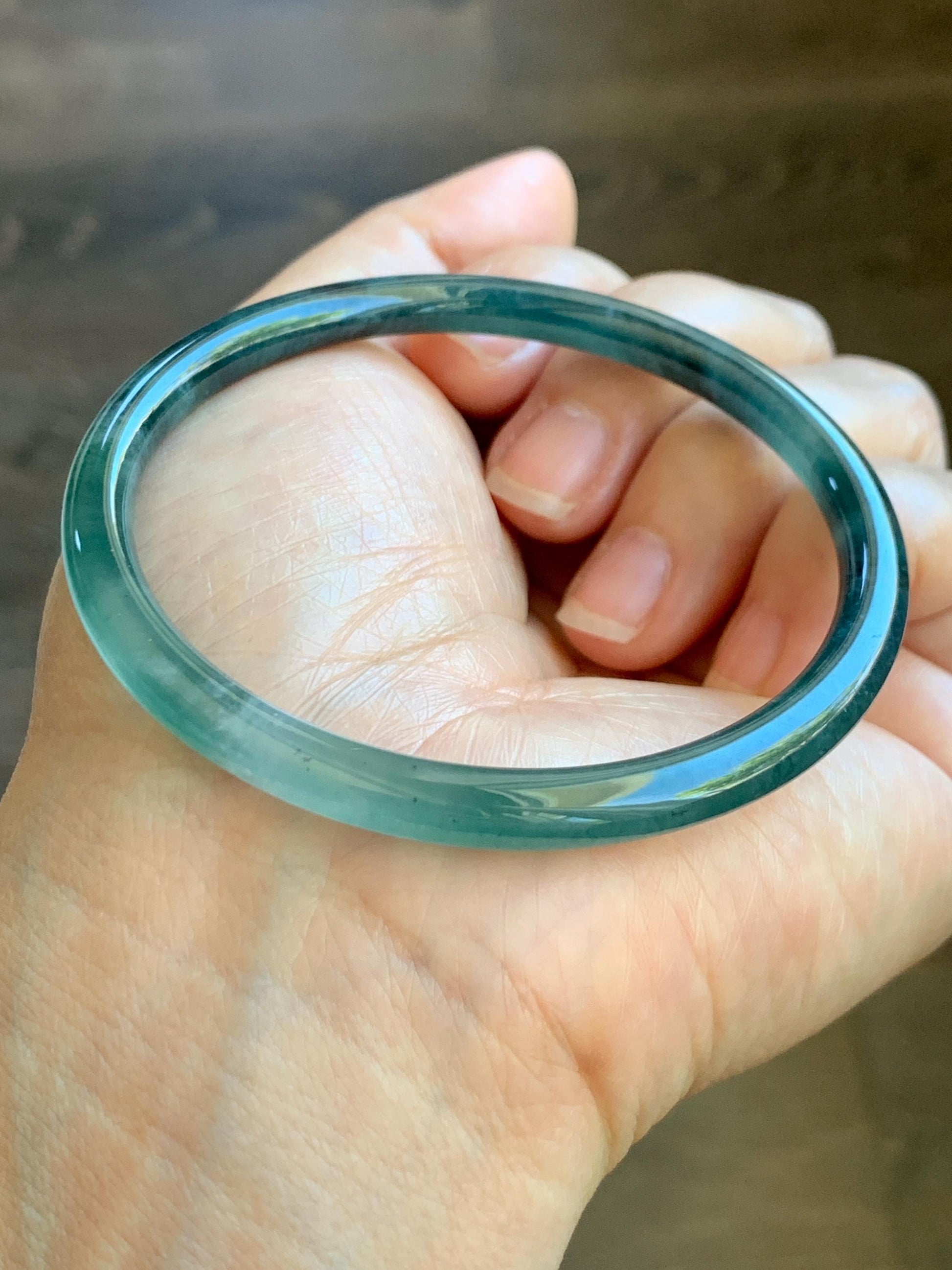 Certified Natural Grade A Guatemalan Icy Translucent Light Green Dark Blue Bicolored Jade Jadeite Bangle 58.7mm 7.25” 天然冰胶危深绿牛仔蓝翡翠细圆条手镯 8792