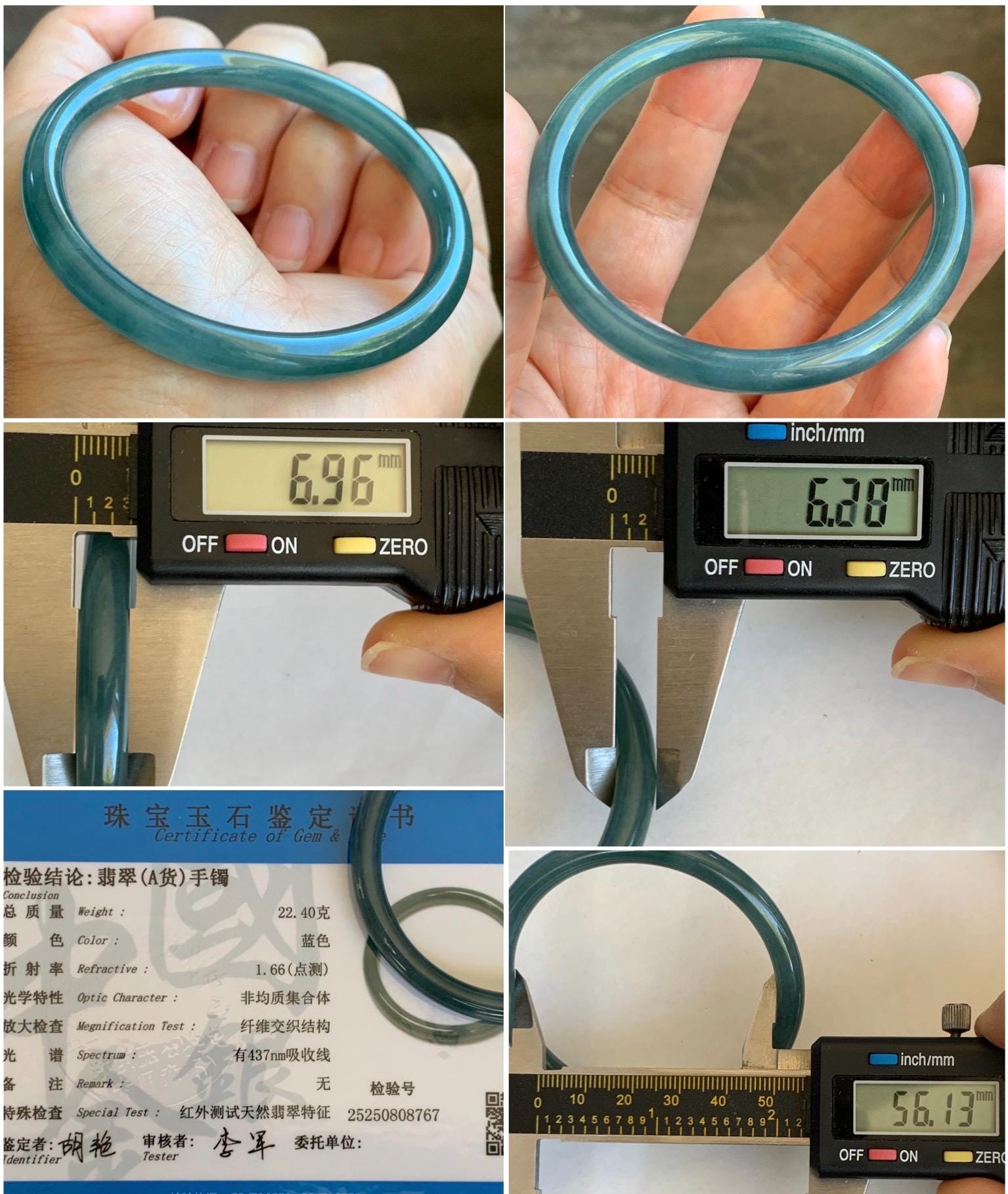 Certified Natural Grade A Guatemalan Icy Translucent Dark Aegean Blue Jade Jadeite Slim Bangle 56.1mm 6.9” 22.4g 天然冰胶危深蓝翡翠细圆条手镯 8767