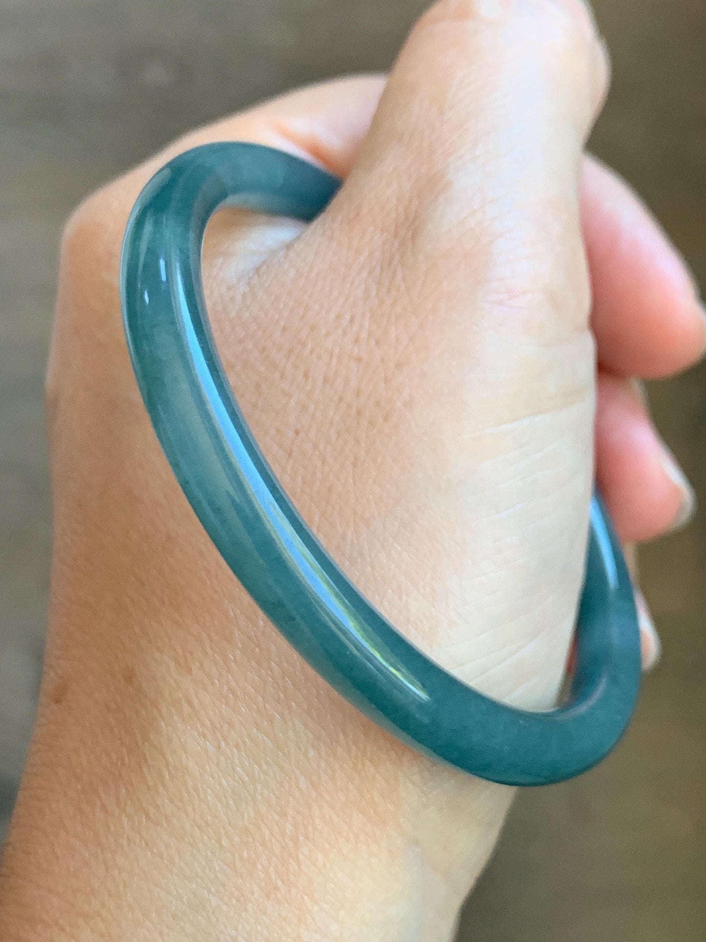 Certified Natural Grade A Guatemalan Icy Translucent Dark Aegean Blue Jade Jadeite Slim Bangle 56.1mm 6.9” 22.4g 天然冰胶危深蓝翡翠细圆条手镯 8767