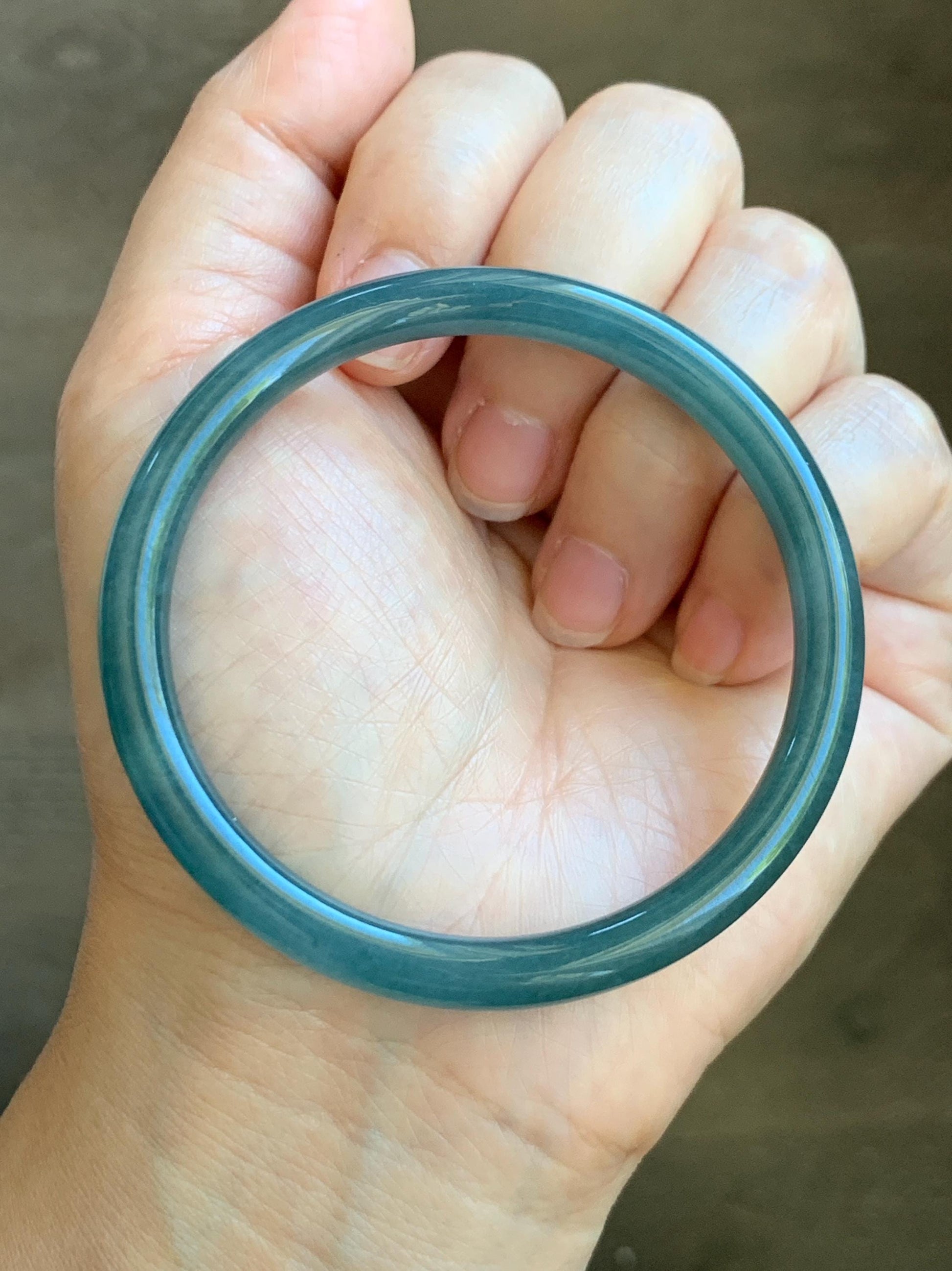 Certified Natural Grade A Guatemalan Icy Translucent Dark Aegean Blue Jade Jadeite Slim Bangle 56.1mm 6.9” 22.4g 天然冰胶危深蓝翡翠细圆条手镯 8767