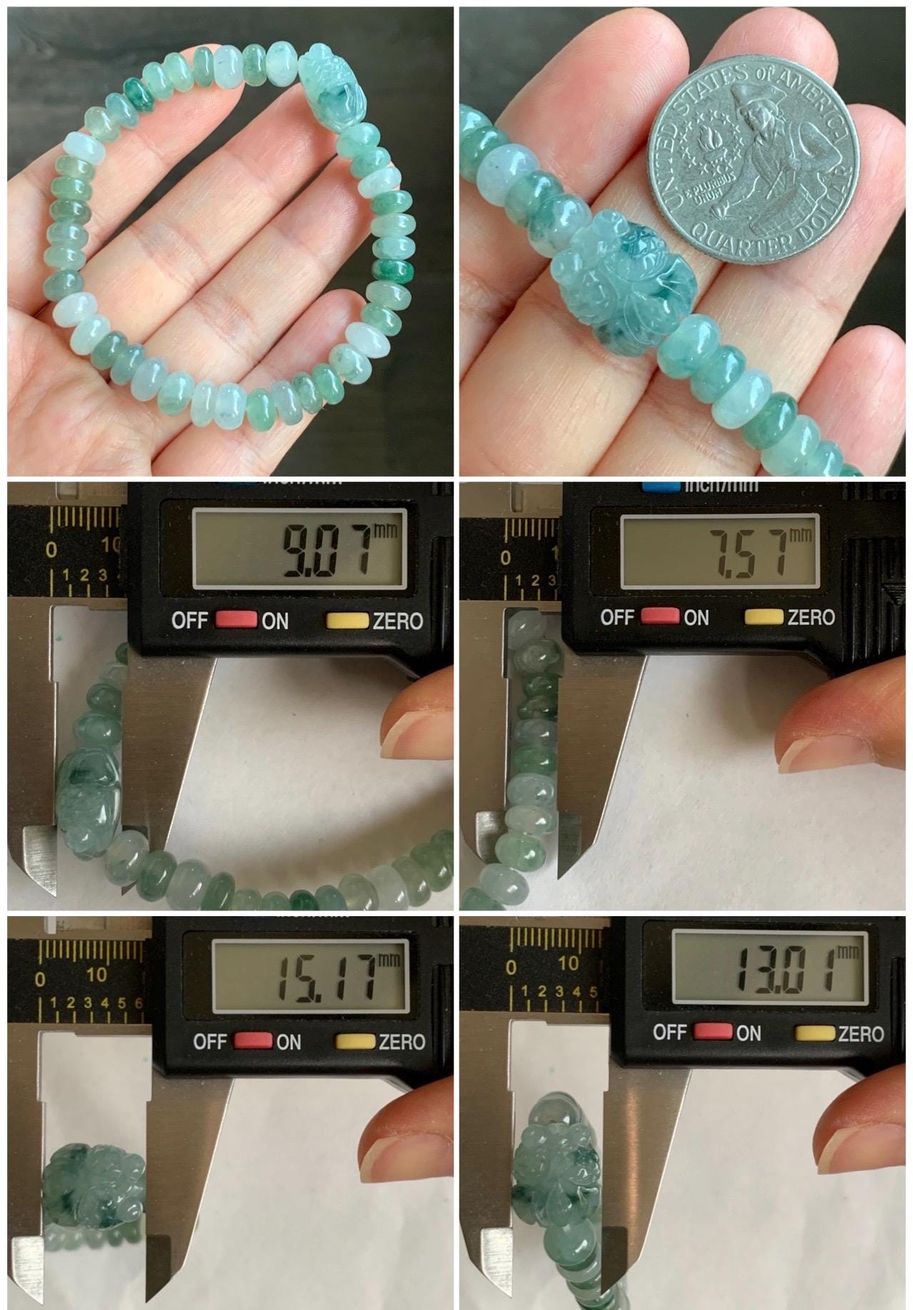 Natural Grade A Icy Translucent Multi-Shaded Light Green Jade Jadeite Drum Beads Goldfish Charm Beaded Bracelet 7" 天然冰胶浅绿多宝翡翠鼓珠金鱼手串 DBY291