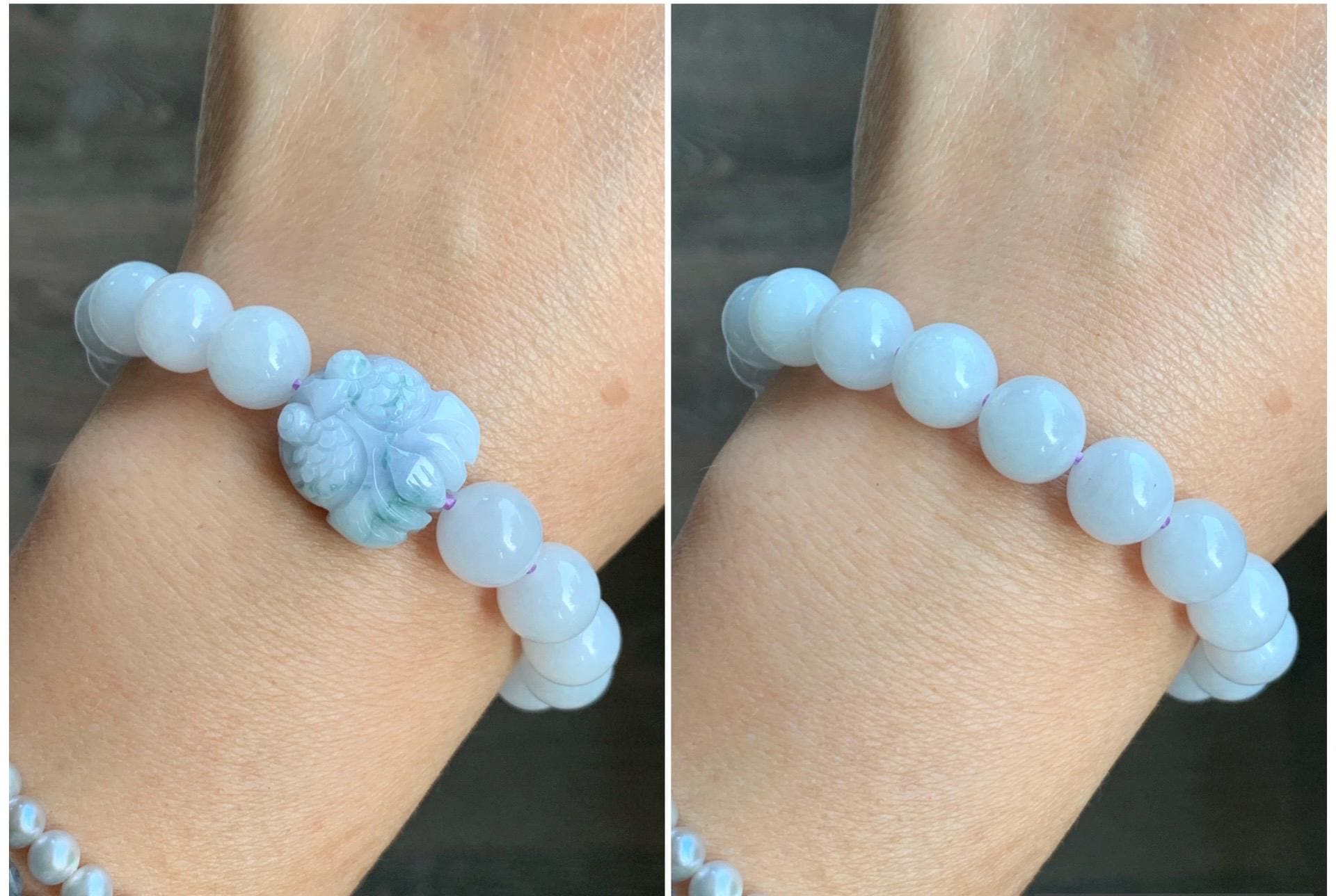 Natural Grade A Icy Translucent White Jade Jadeite Round Beads Spring Colored Goldfish Charm Beaded Bracelet 6.75" 天然白冰胶翡翠春彩翡翠金鱼手串 MBCH365