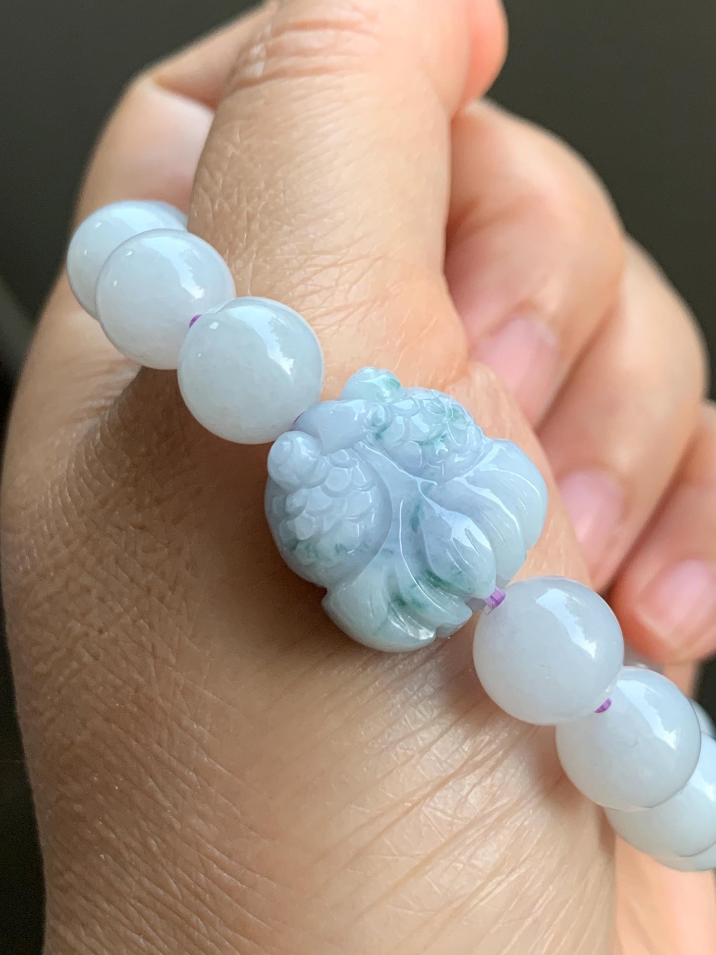 Natural Grade A Icy Translucent White Jade Jadeite Round Beads Spring Colored Goldfish Charm Beaded Bracelet 6.75" 天然白冰胶翡翠春彩翡翠金鱼手串 MBCH365