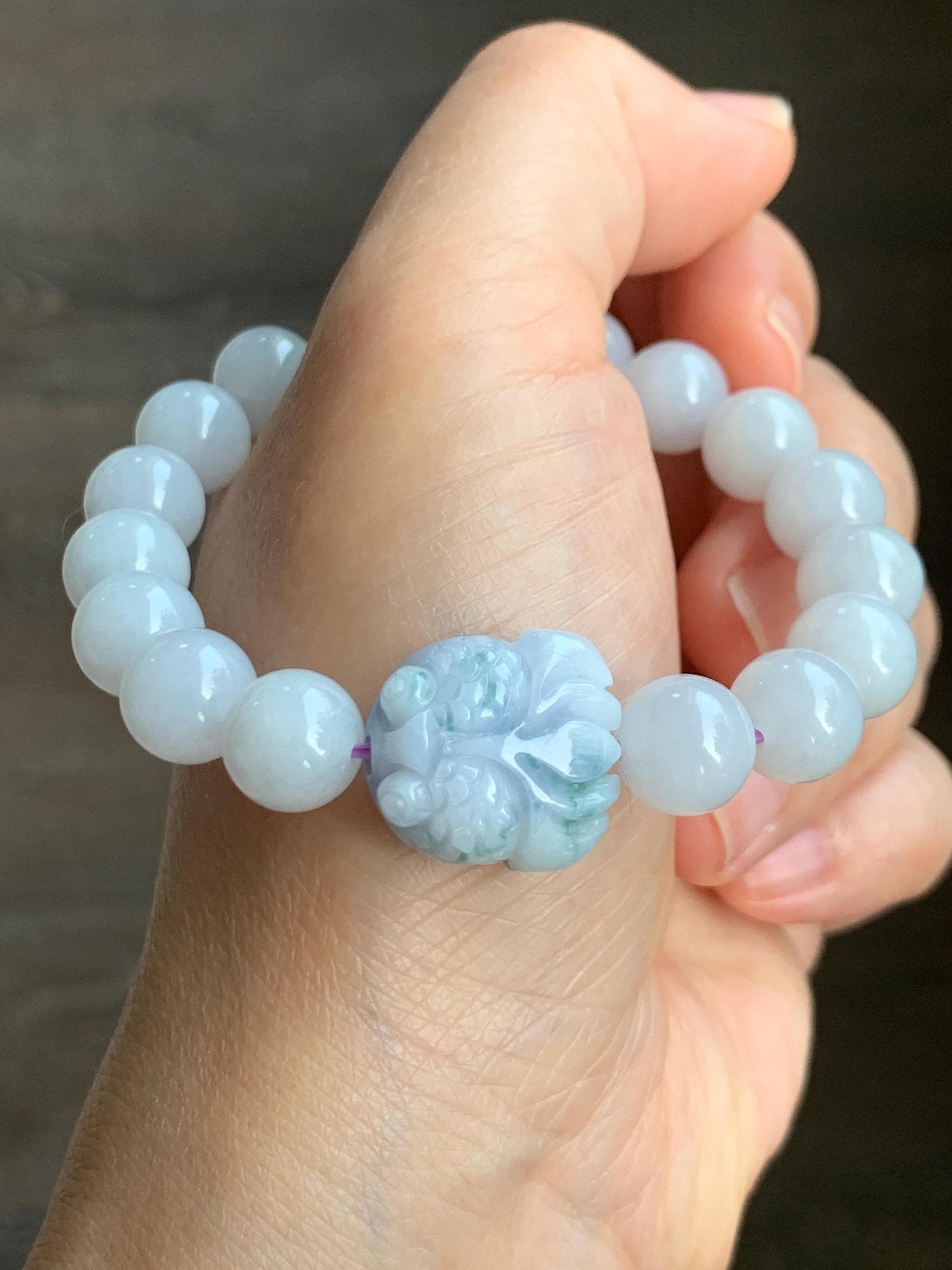 Natural Grade A Icy Translucent White Jade Jadeite Round Beads Spring Colored Goldfish Charm Beaded Bracelet 6.75" 天然白冰胶翡翠春彩翡翠金鱼手串 MBCH365
