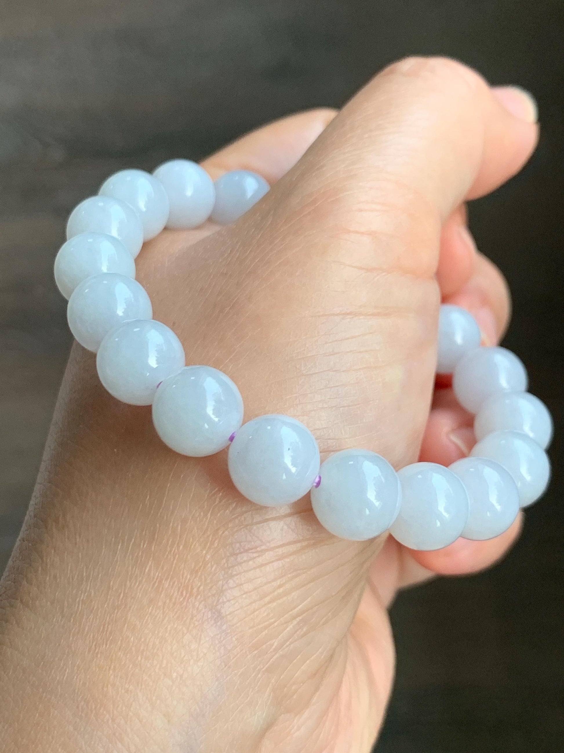 Natural Grade A Icy Translucent White Jade Jadeite Round Beads Spring Colored Goldfish Charm Beaded Bracelet 6.75" 天然白冰胶翡翠春彩翡翠金鱼手串 MBCH365